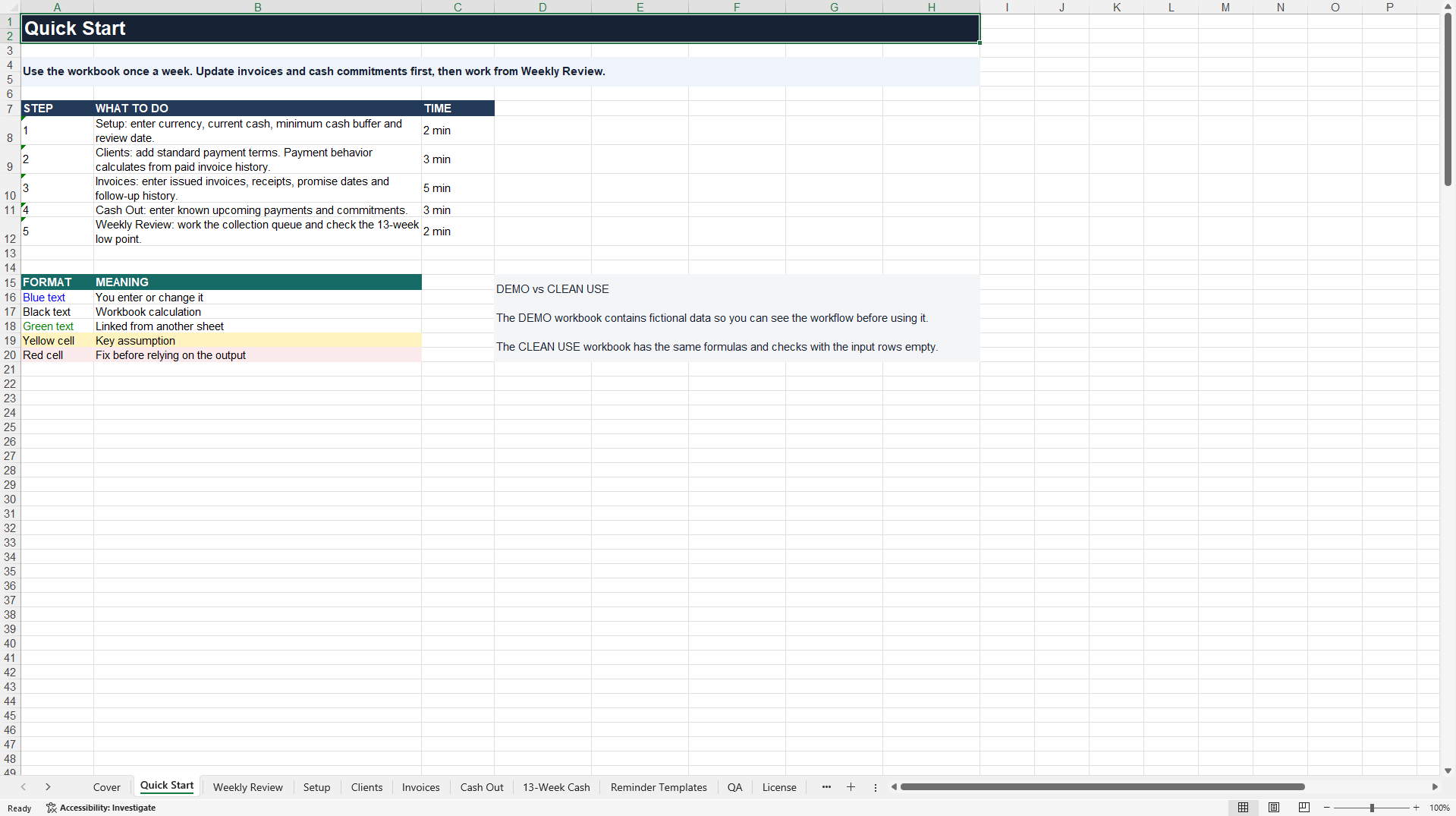 CashSignal: 13-Week Cash Flow & Invoice Collection Tracker (Excel template (XLSX)) Preview Image