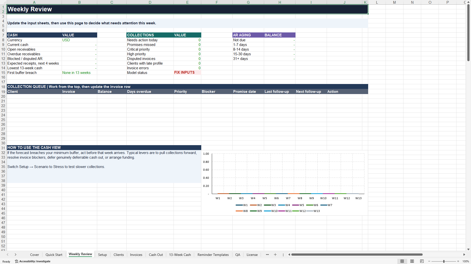 CashSignal: 13-Week Cash Flow & Invoice Collection Tracker (Excel template (XLSX)) Preview Image
