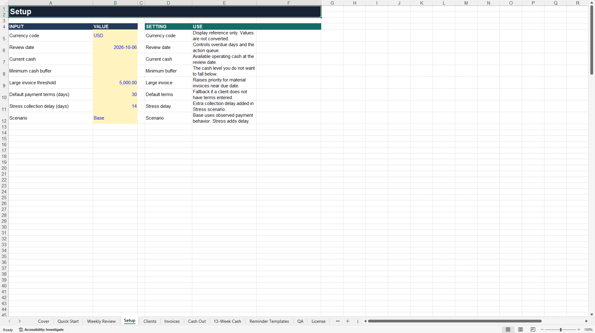 CashSignal: 13-Week Cash Flow & Invoice Collection Tracker (Excel template (XLSX)) Preview Image