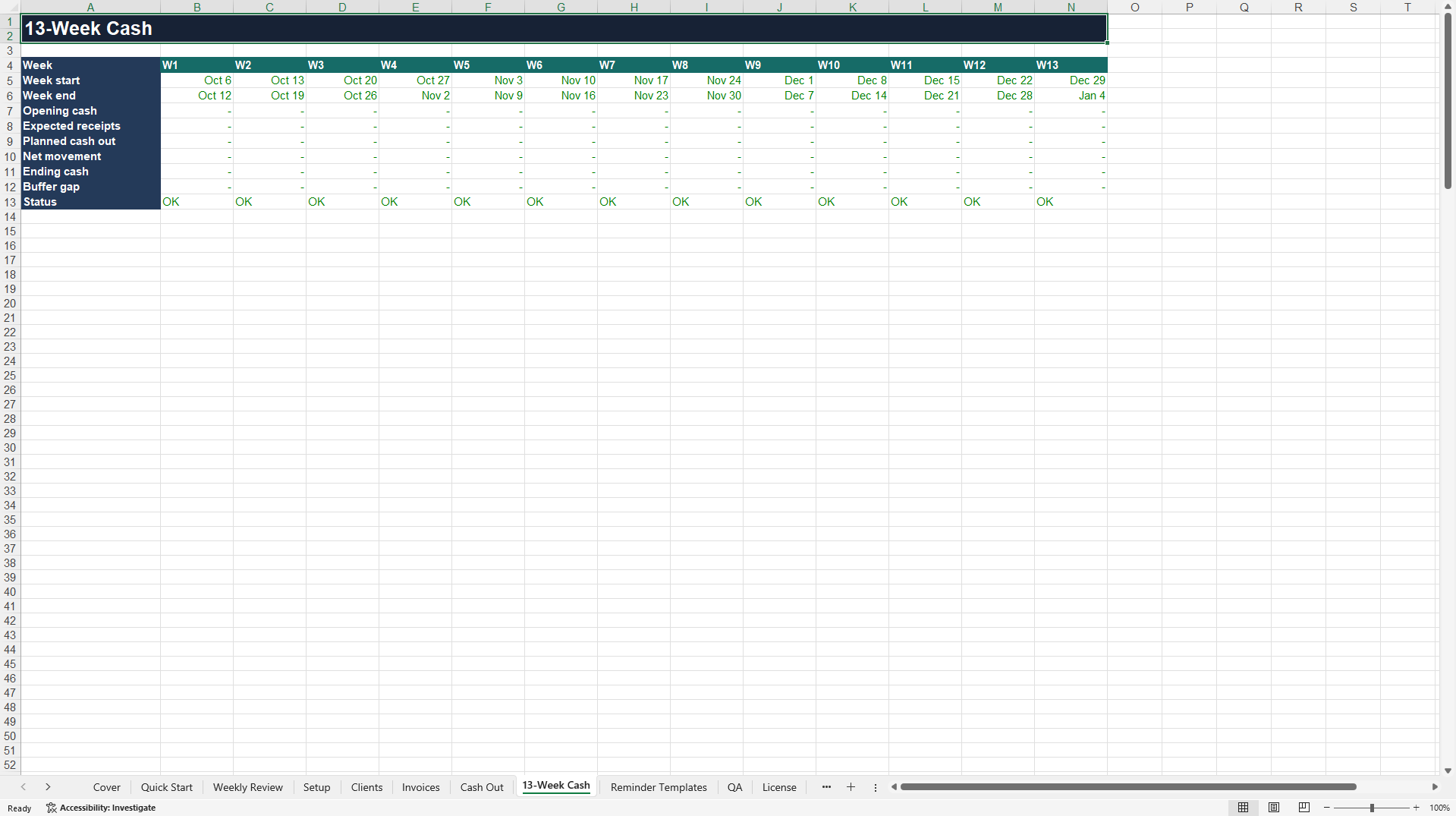 CashSignal: 13-Week Cash Flow & Invoice Collection Tracker (Excel template (XLSX)) Preview Image