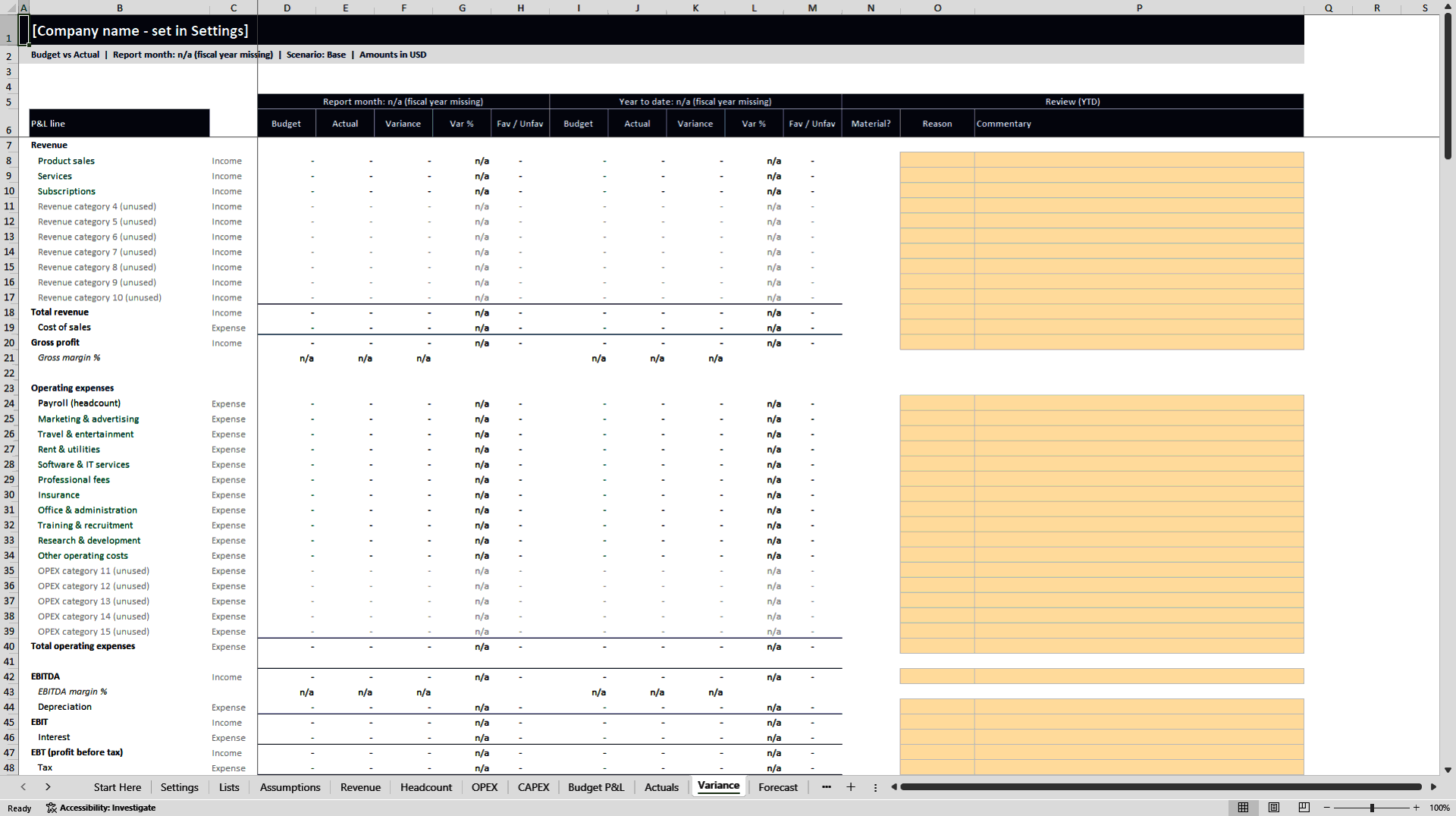 Budget, Variance & Rolling Forecast FP&A Model (Excel template (XLSX)) Preview Image