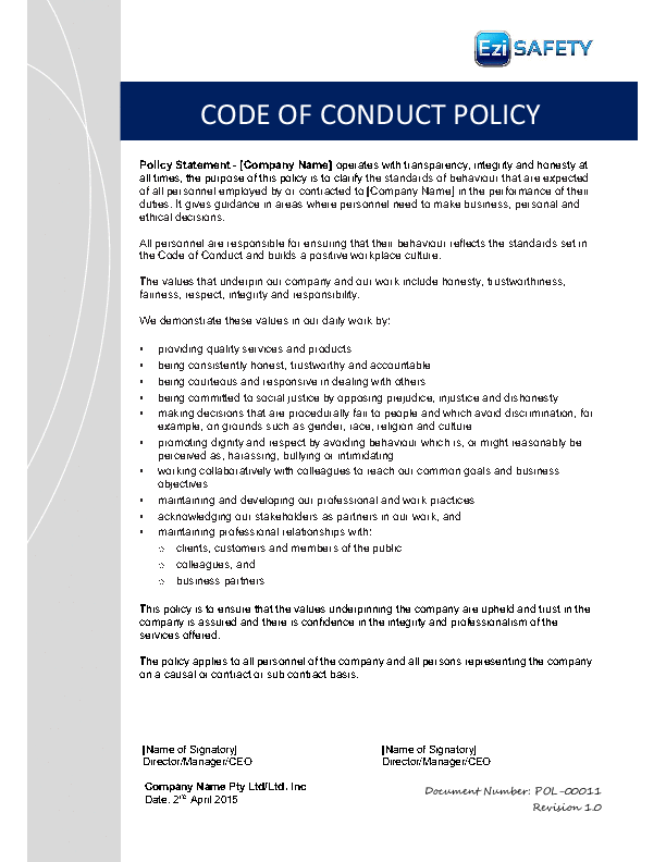 This is a partial preview of Code of Conduct Policy and Procedure (16-page Word document). Full document is 16 pages. 