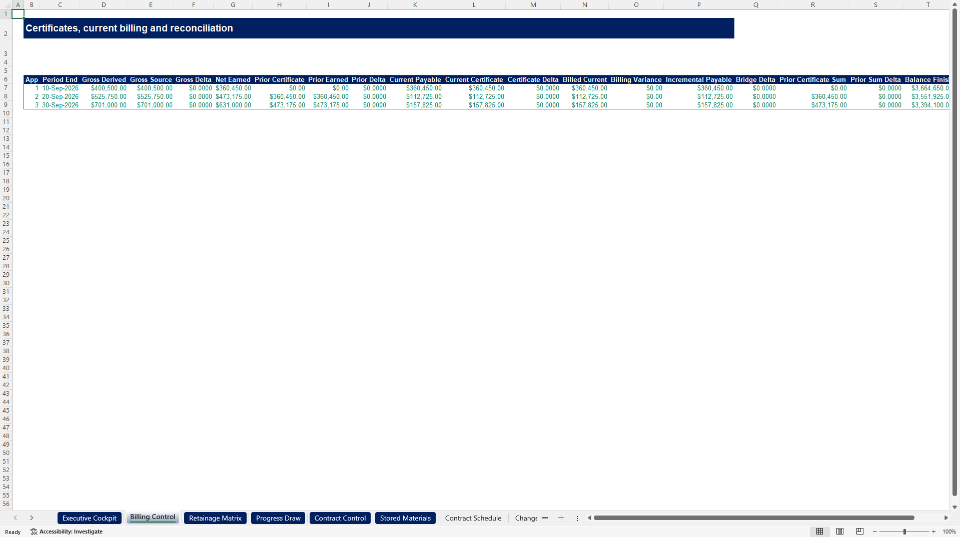 Construction Progress Billing & Retainage Control Tower (Excel template (XLSX)) Preview Image