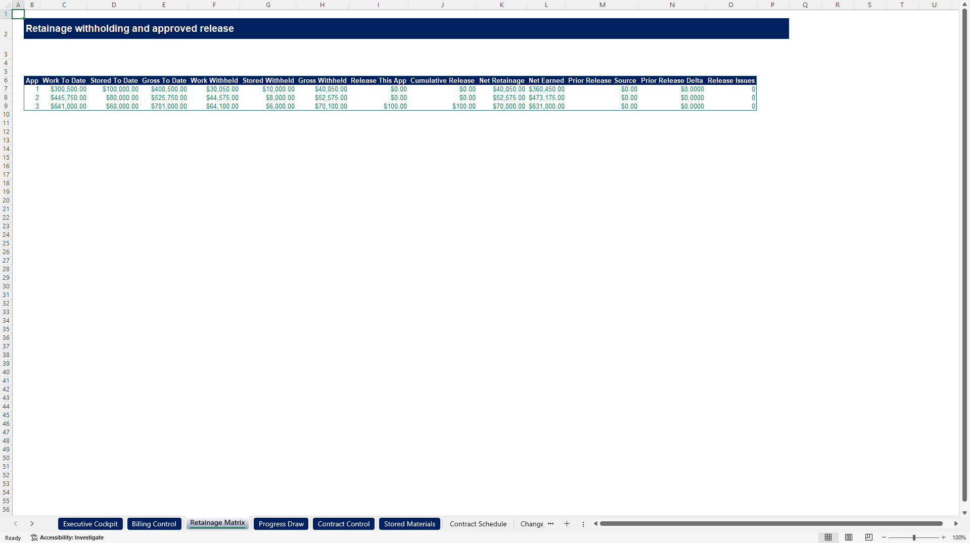 Construction Progress Billing & Retainage Control Tower (Excel template (XLSX)) Preview Image