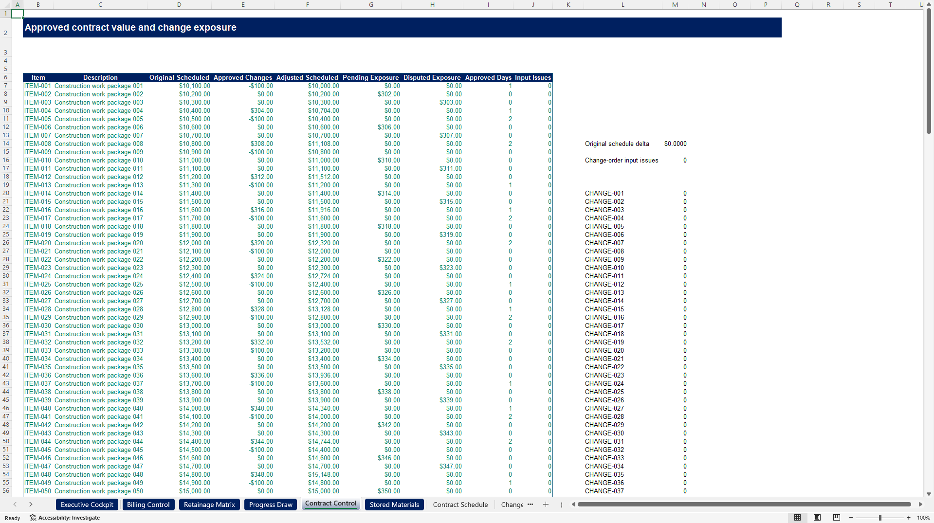 Construction Progress Billing & Retainage Control Tower (Excel template (XLSX)) Preview Image