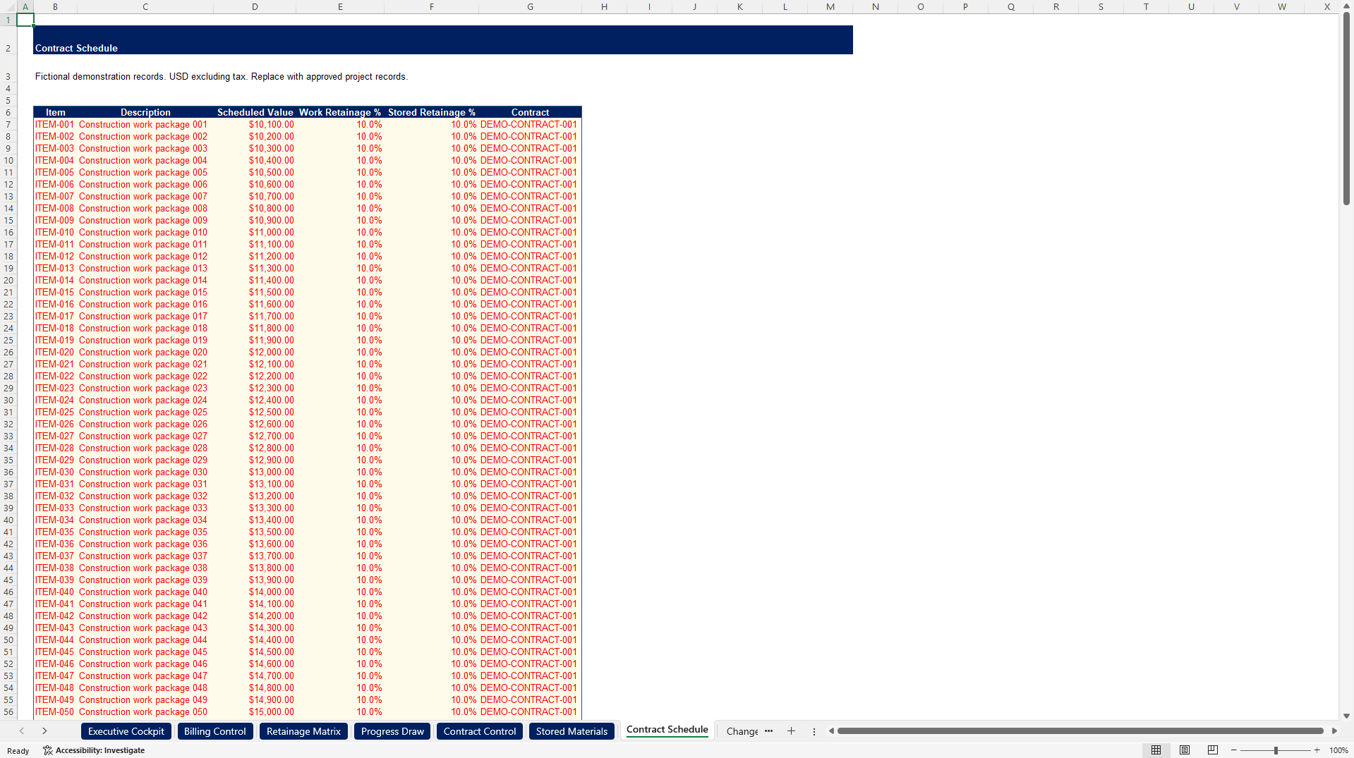 Construction Progress Billing & Retainage Control Tower (Excel template (XLSX)) Preview Image