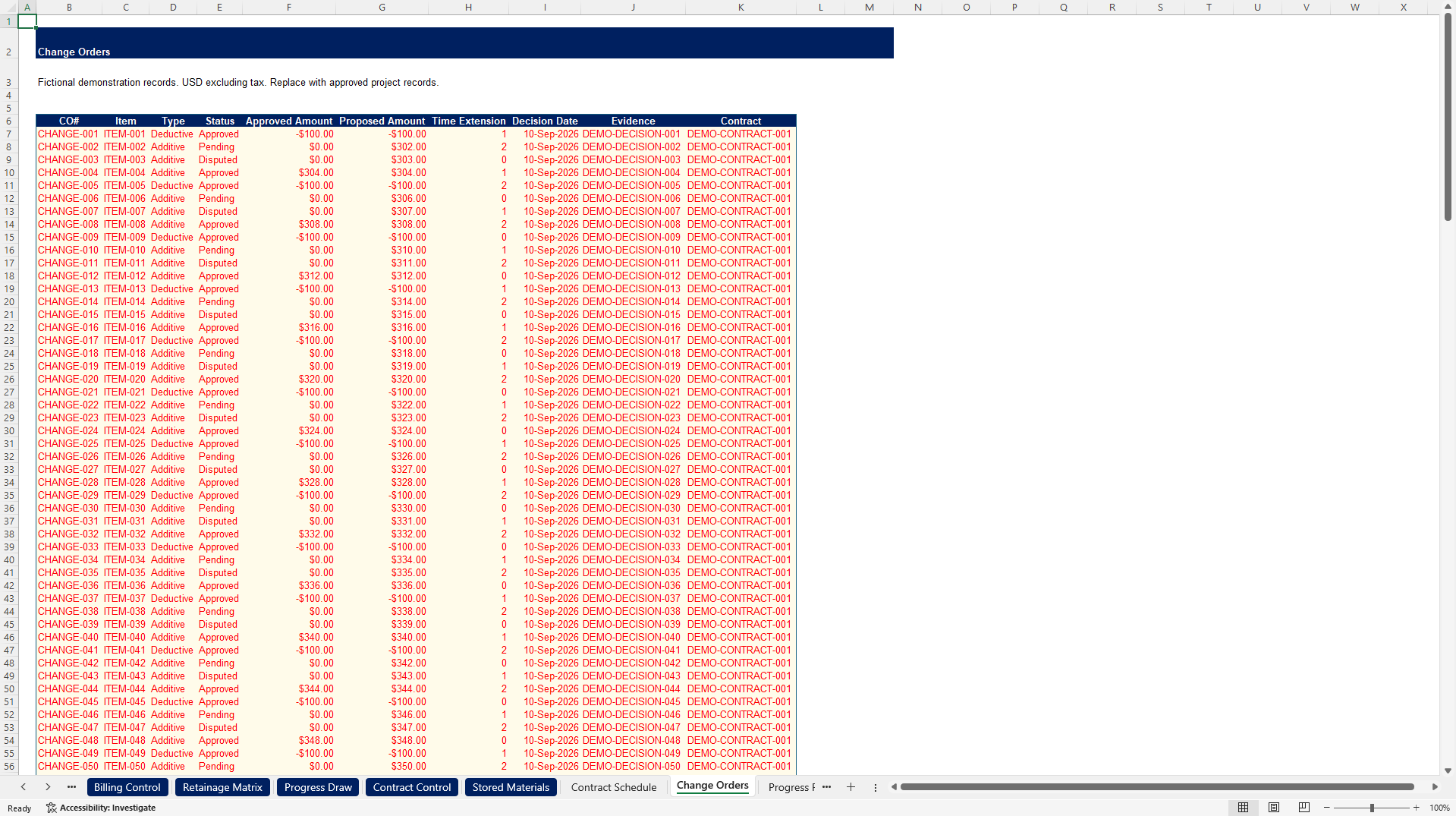 Construction Progress Billing & Retainage Control Tower (Excel template (XLSX)) Preview Image