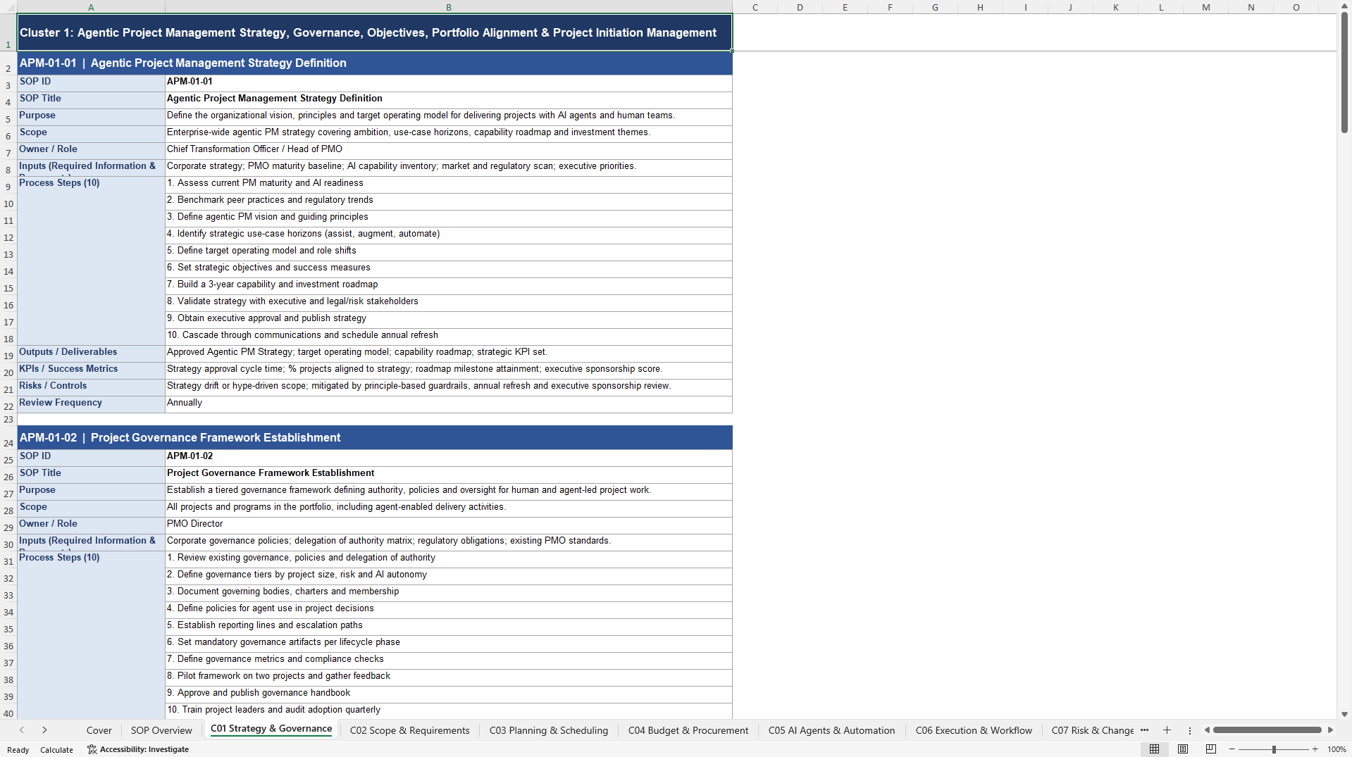 100+ Agentic Project Management SOPs (Excel template (XLSX)) Preview Image