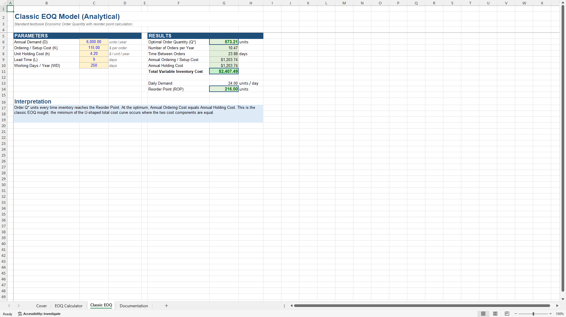 Economic Order Quantity Inventory Cost Optimization Toolkit (Excel template (XLSX)) Preview Image