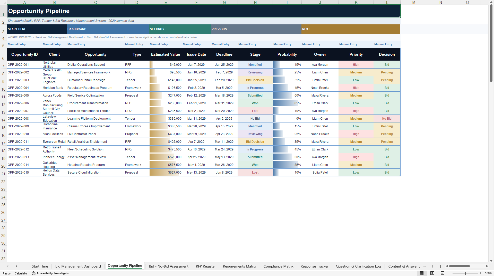 RFP, Tender & Bid Response Management System (Excel template (XLSX)) Preview Image