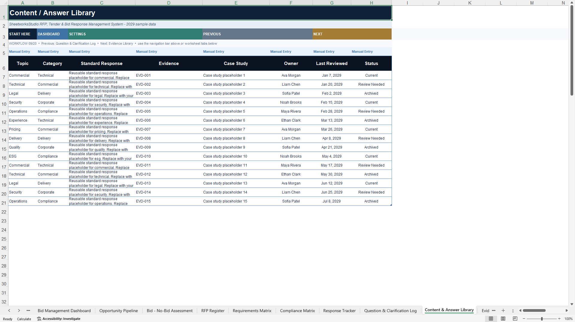 RFP, Tender & Bid Response Management System (Excel template (XLSX)) Preview Image