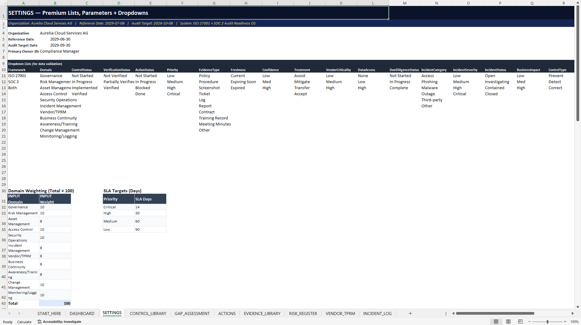 ISO 27001 & SOC 2 Audit Readiness Control Center (Excel template (XLSX)) Preview Image