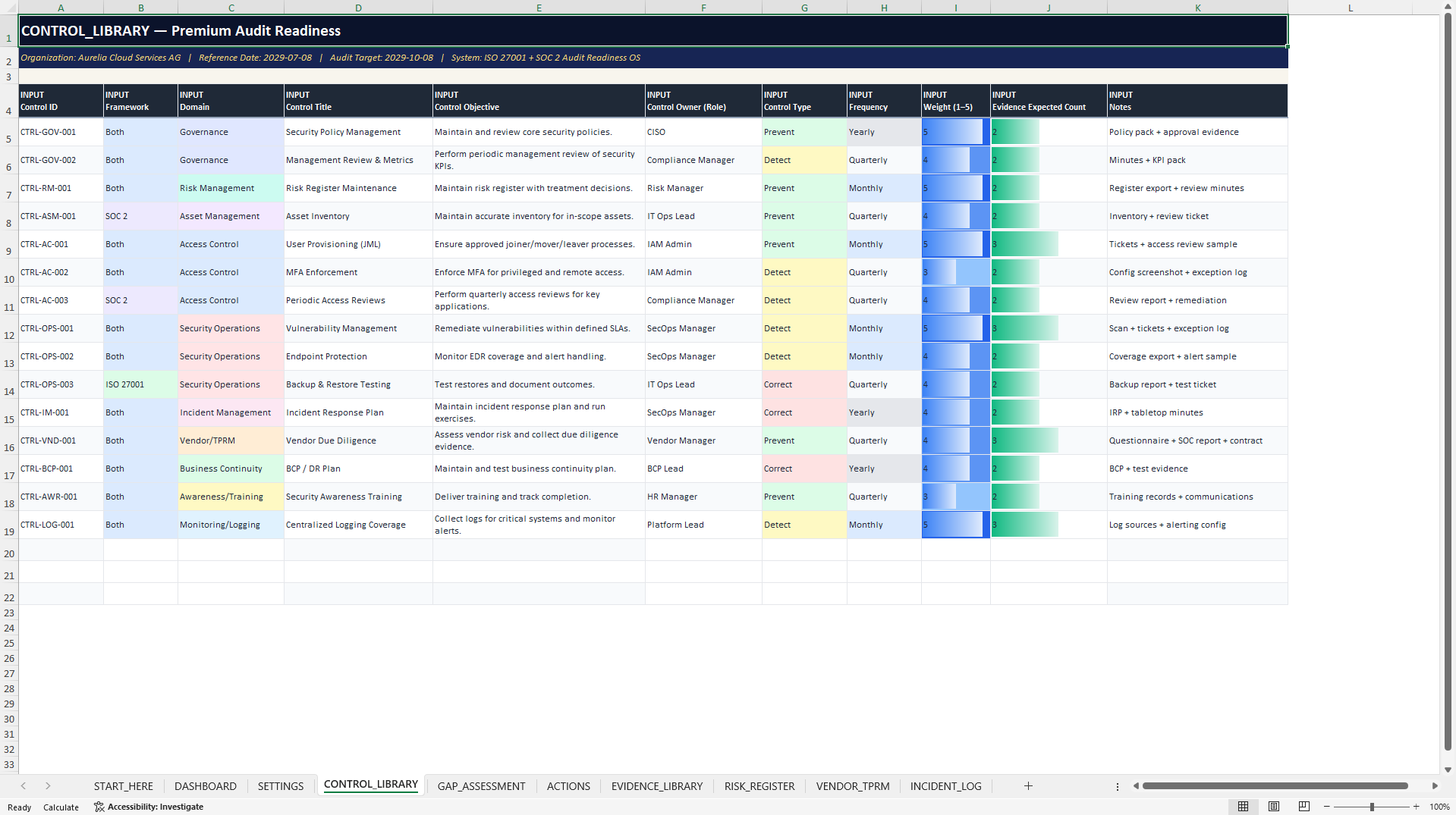 ISO 27001 & SOC 2 Audit Readiness Control Center (Excel template (XLSX)) Preview Image