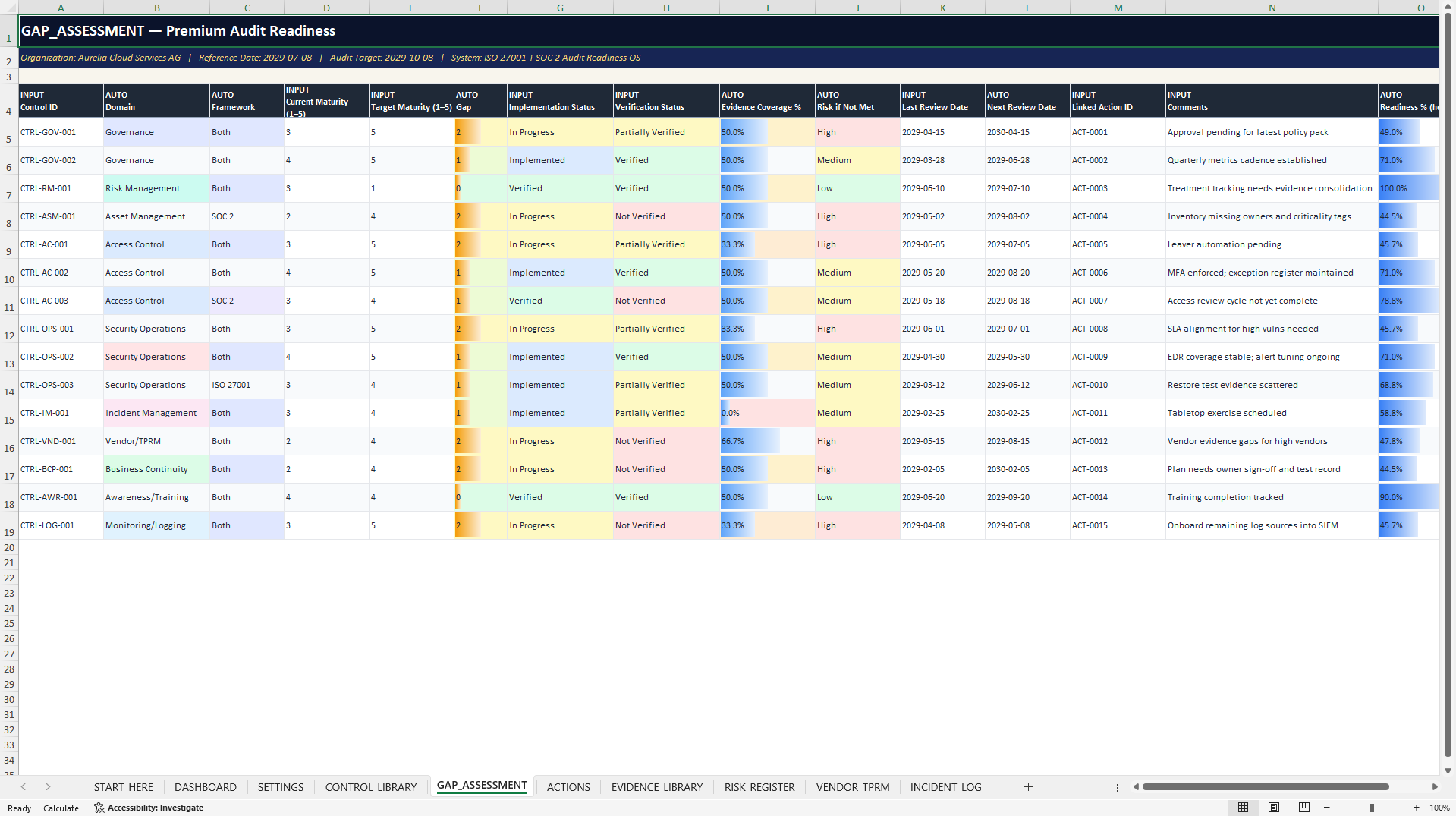 ISO 27001 & SOC 2 Audit Readiness Control Center (Excel template (XLSX)) Preview Image