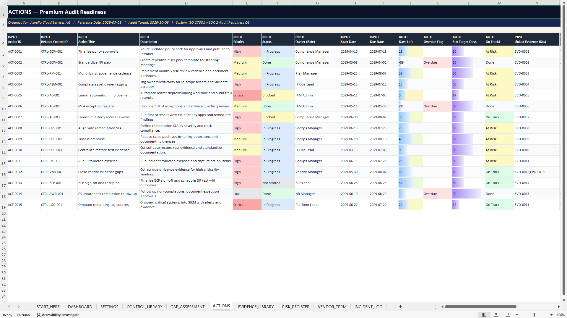 ISO 27001 & SOC 2 Audit Readiness Control Center (Excel template (XLSX)) Preview Image