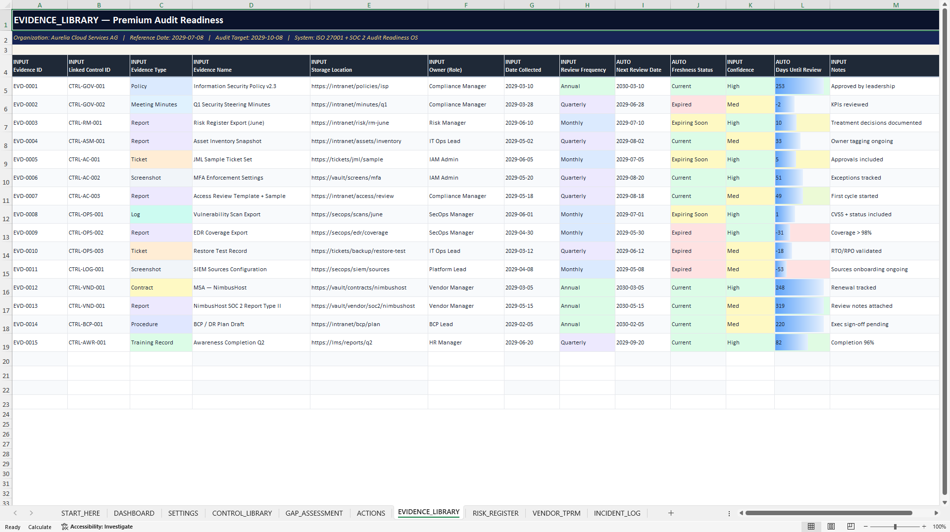ISO 27001 & SOC 2 Audit Readiness Control Center (Excel template (XLSX)) Preview Image
