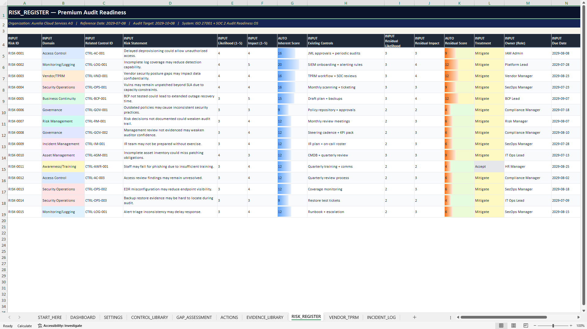 ISO 27001 & SOC 2 Audit Readiness Control Center (Excel template (XLSX)) Preview Image