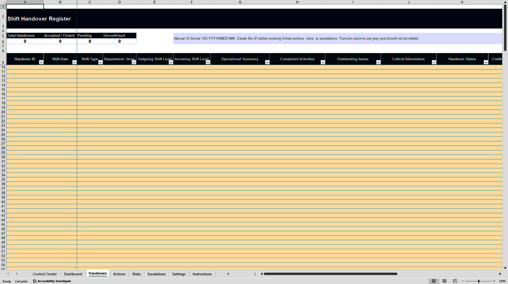 Operational Shift Handover & Escalation Control (Excel template (XLSX)) Preview Image