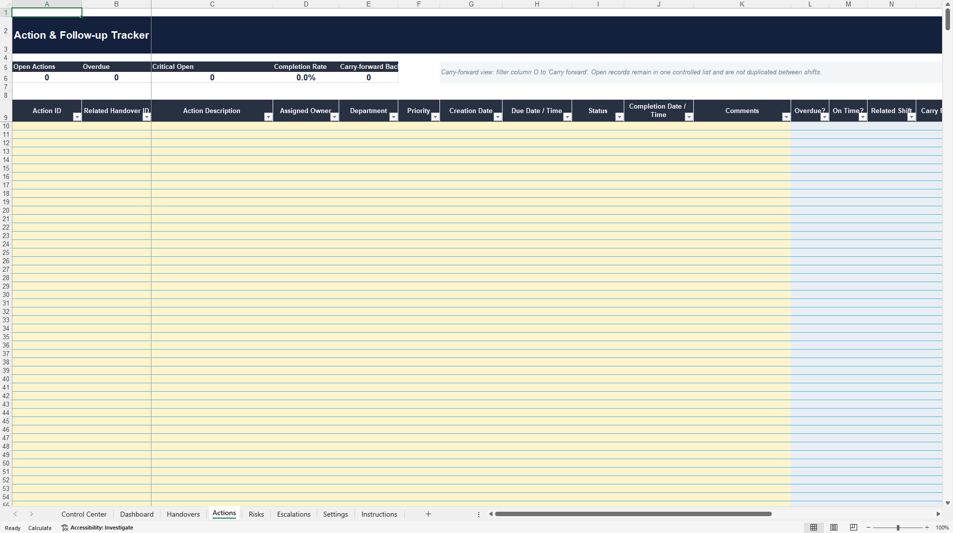 Operational Shift Handover & Escalation Control (Excel template (XLSX)) Preview Image