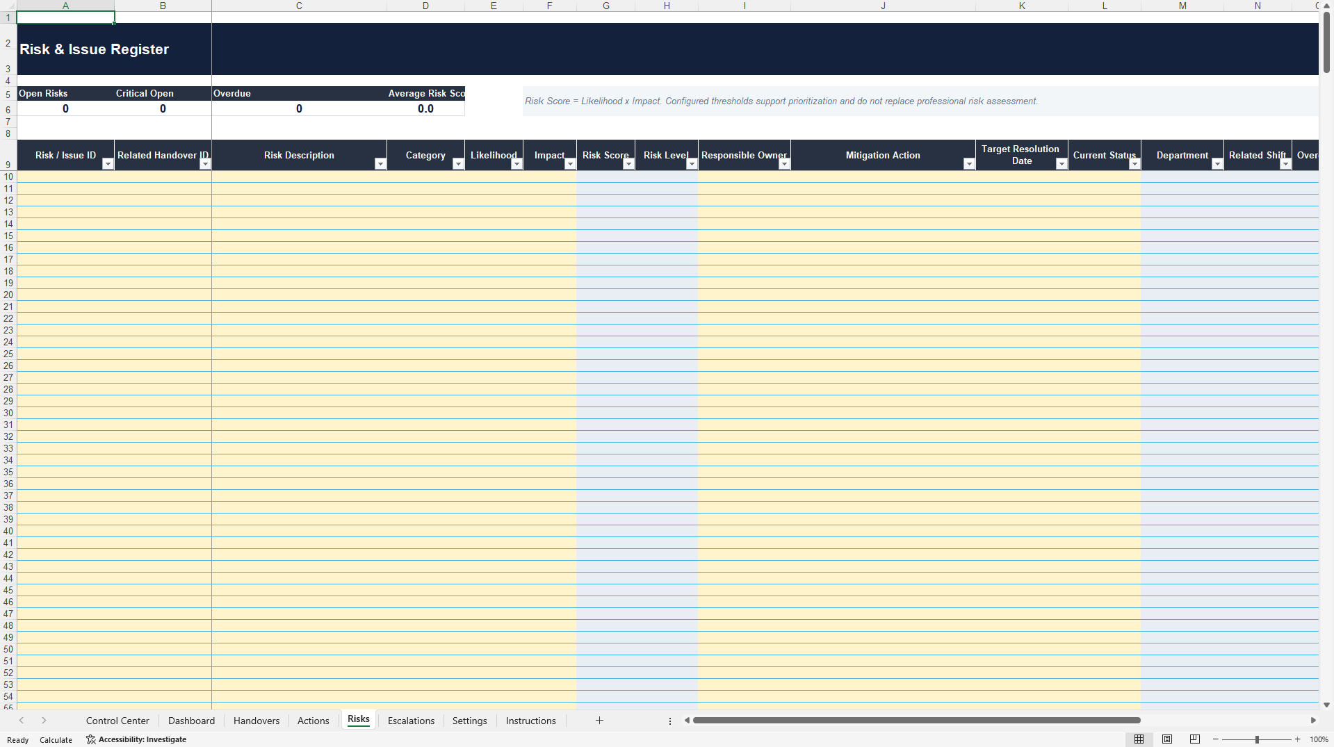 Operational Shift Handover & Escalation Control (Excel template (XLSX)) Preview Image
