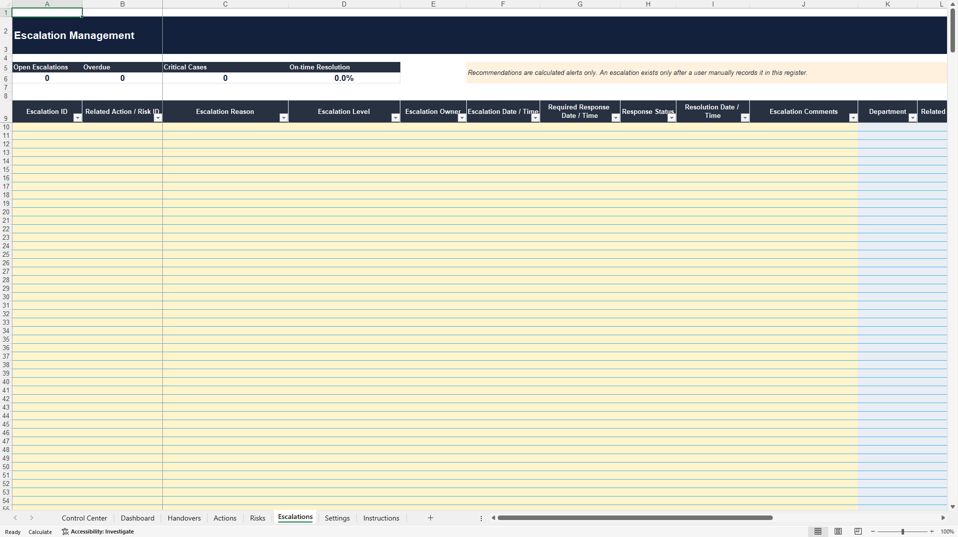 Operational Shift Handover & Escalation Control (Excel template (XLSX)) Preview Image
