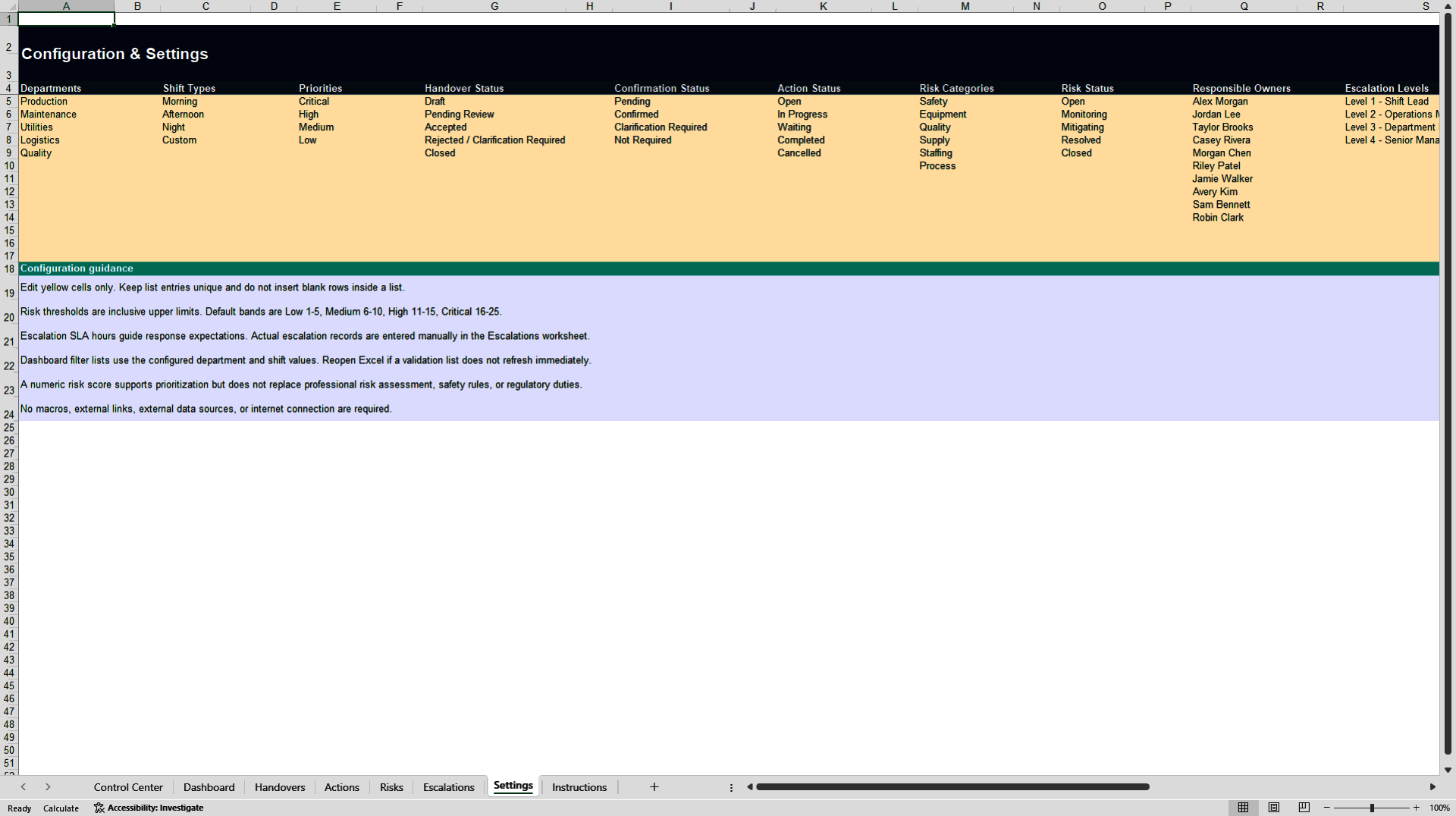 Operational Shift Handover & Escalation Control (Excel template (XLSX)) Preview Image
