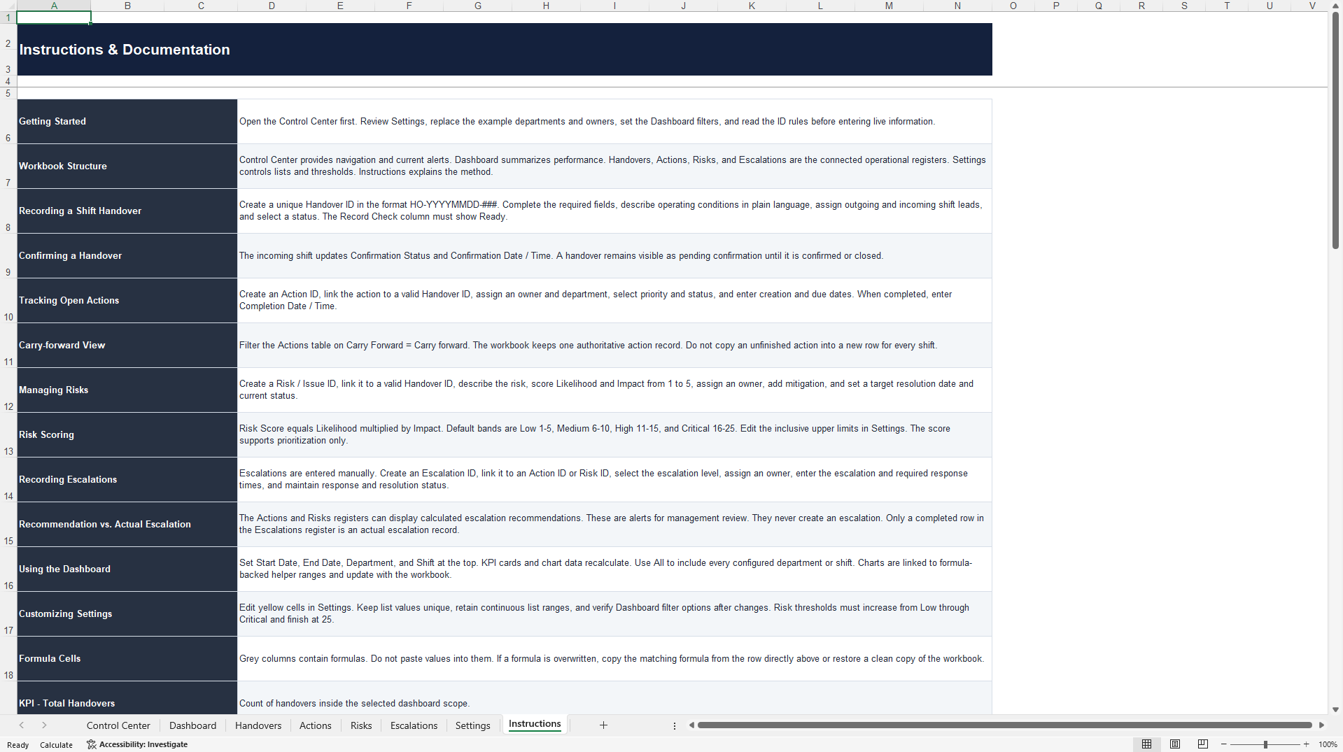 Operational Shift Handover & Escalation Control (Excel template (XLSX)) Preview Image