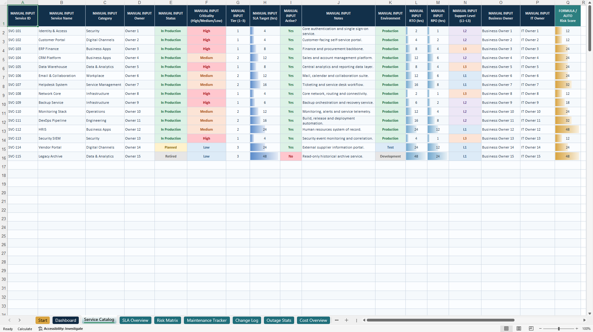 IT Service Management & Risk Control Center (Excel template (XLSX)) Preview Image