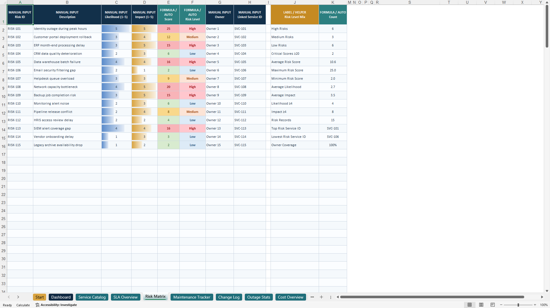 IT Service Management & Risk Control Center (Excel template (XLSX)) Preview Image
