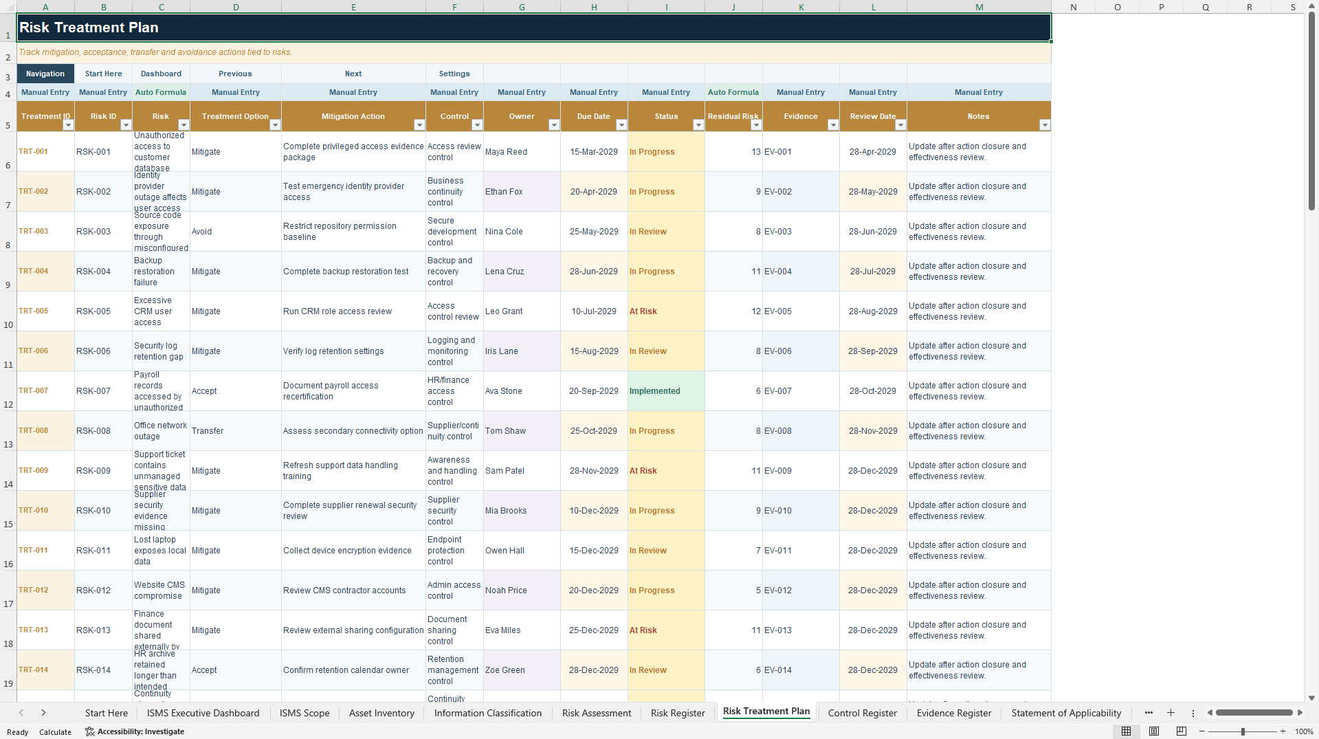 ISO 27001 ISMS Management & Audit Readiness Toolkit (Excel template (XLSX)) Preview Image