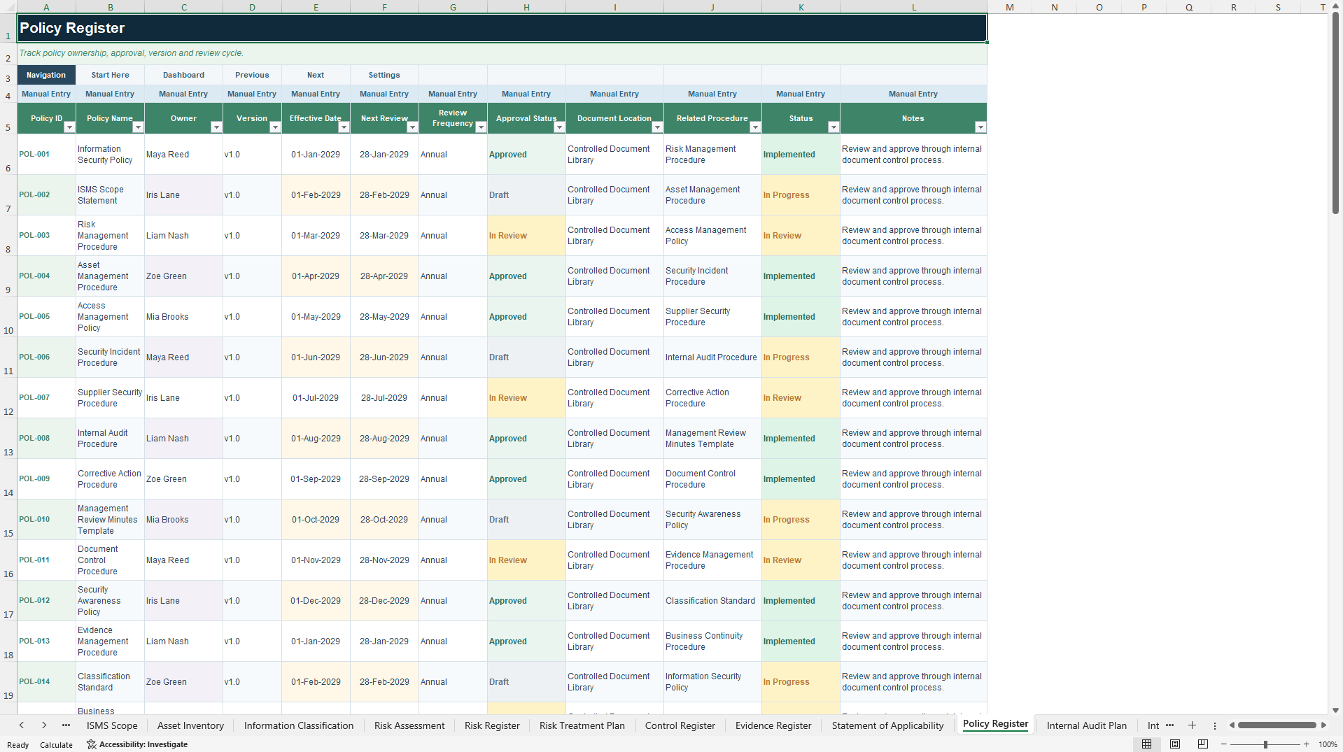 ISO 27001 ISMS Management & Audit Readiness Toolkit (Excel template (XLSX)) Preview Image