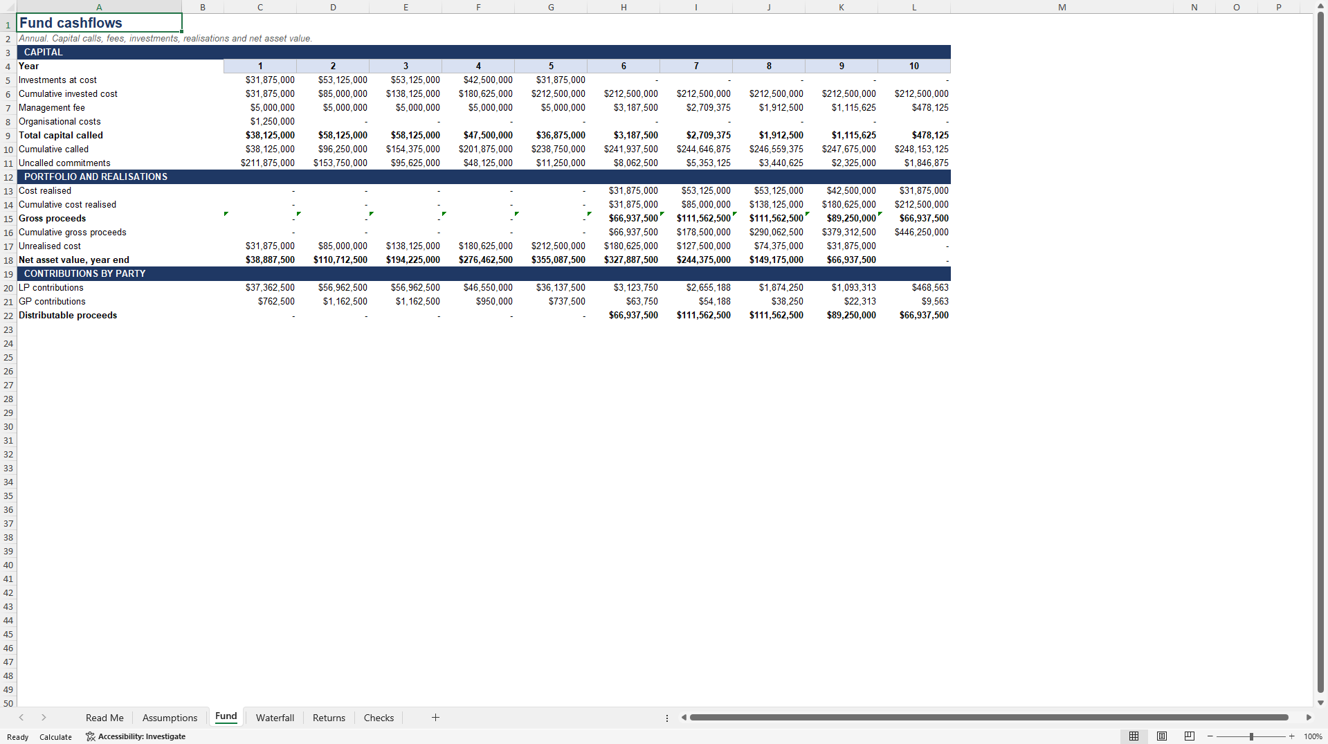 Private Equity & Credit Fund Model: Waterfall, TVPI, IRR (Excel template (XLSX)) Preview Image
