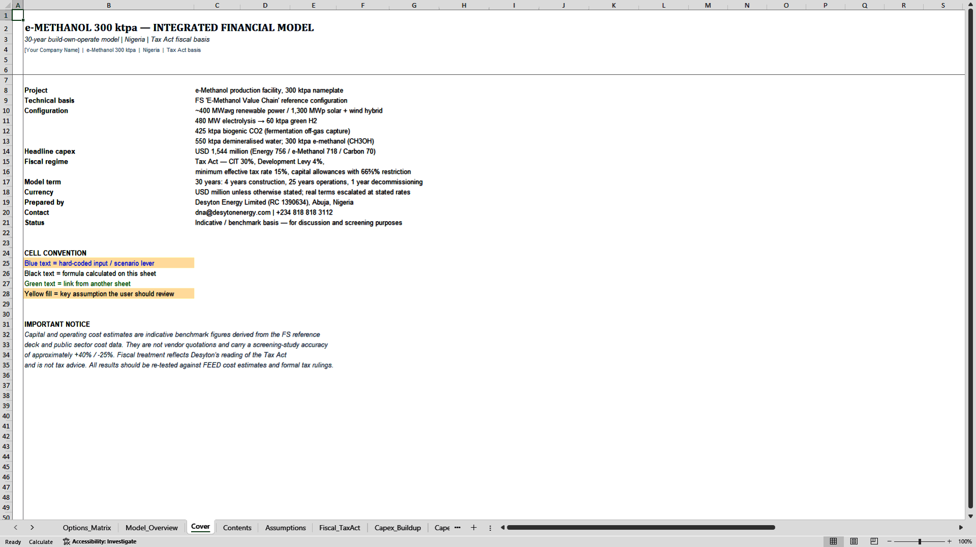 E-Methanol 300 ktpa Integrated Financial Model (Excel template (XLSX)) Preview Image