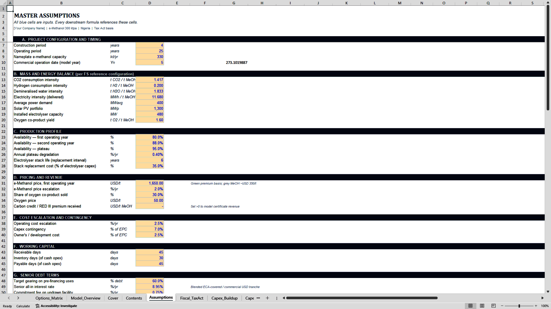E-Methanol 300 ktpa Integrated Financial Model (Excel template (XLSX)) Preview Image