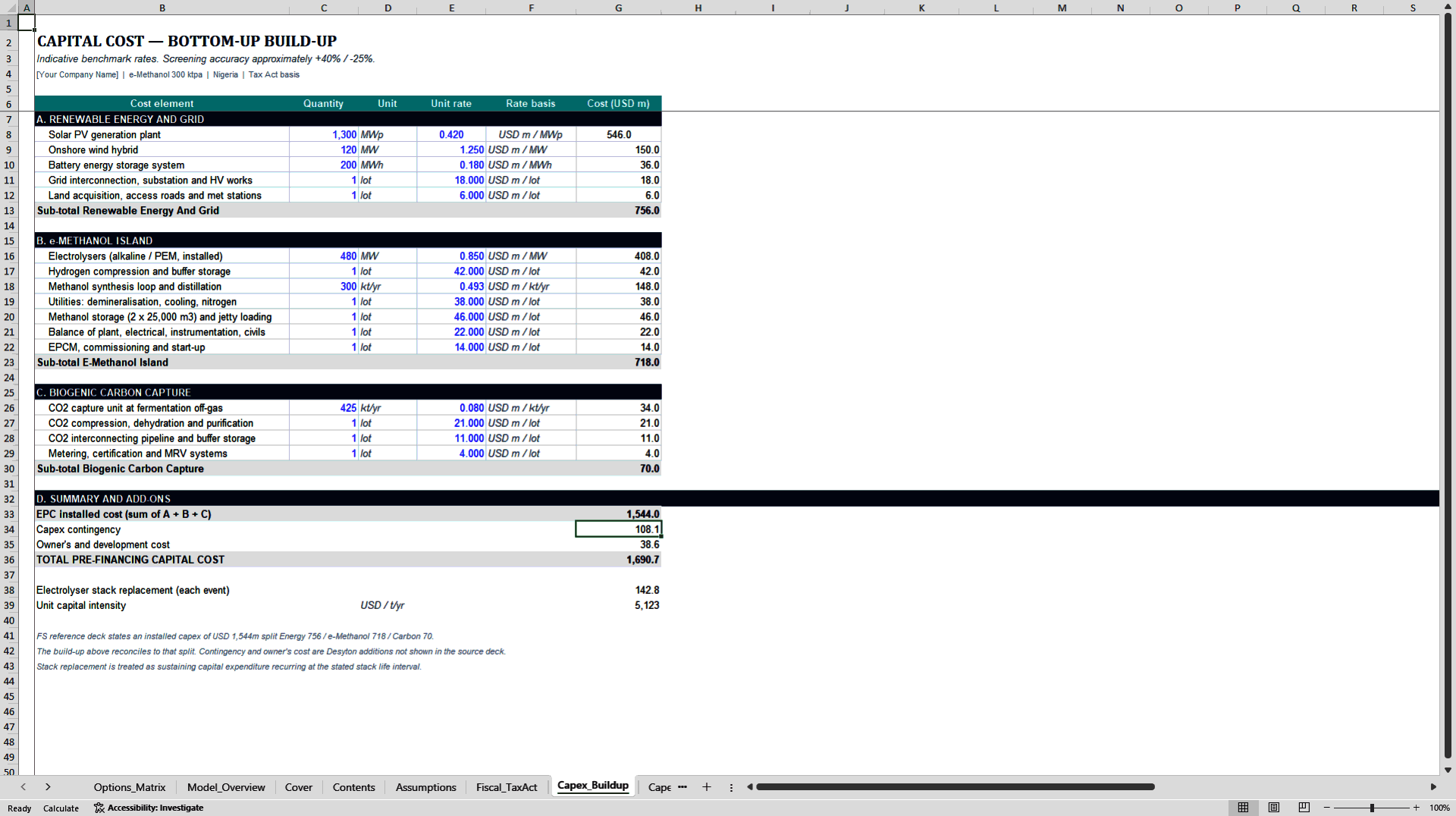 E-Methanol 300 ktpa Integrated Financial Model (Excel template (XLSX)) Preview Image