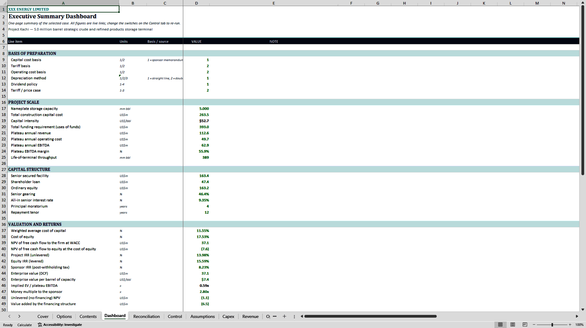 5.0 Million Barrel Refinery Storage Financial Model (Excel template (XLSX)) Preview Image