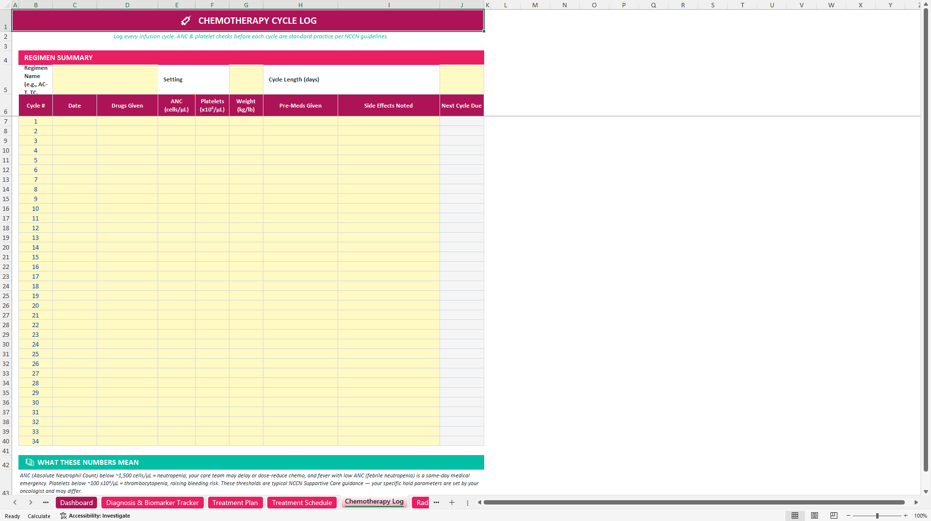 Pink Journey Pro: Breast Cancer Care and Recovery Tracker (Excel template (XLSX)) Preview Image