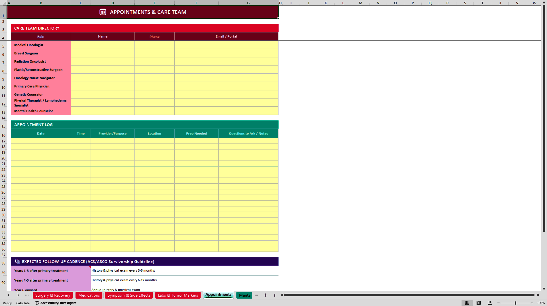Pink Journey Pro: Breast Cancer Care and Recovery Tracker (Excel template (XLSX)) Preview Image
