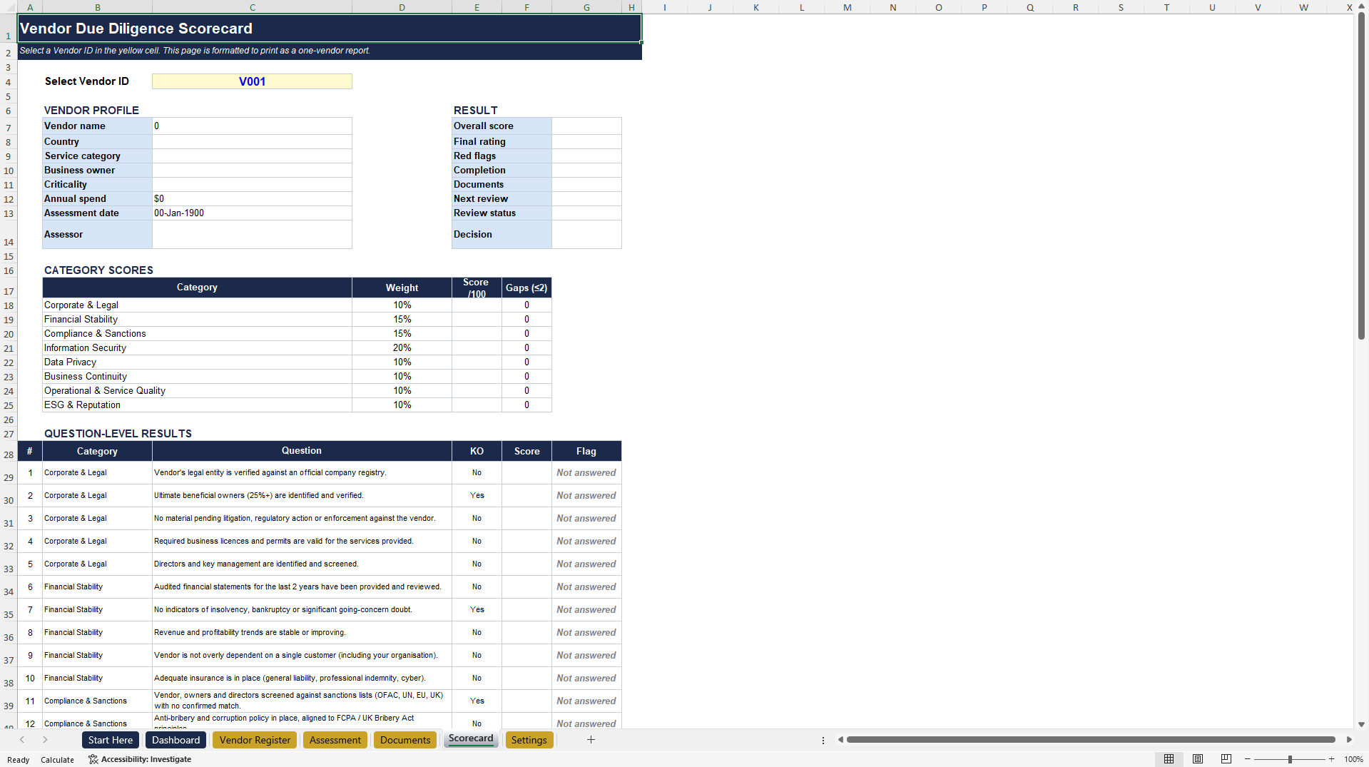 Vendor Due Diligence Scorecard for Third-Party Risk (Excel template (XLSX)) Preview Image