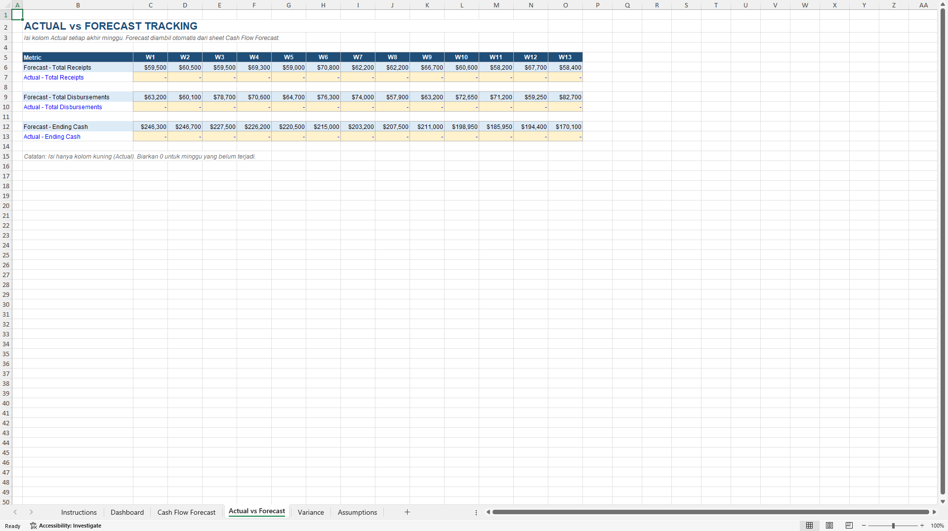 13-Week Rolling Cash Flow Forecast & Liquidity Tracker (Excel template (XLSX)) Preview Image