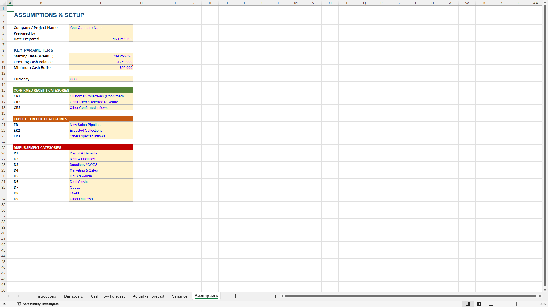 13-Week Rolling Cash Flow Forecast & Liquidity Tracker (Excel template (XLSX)) Preview Image
