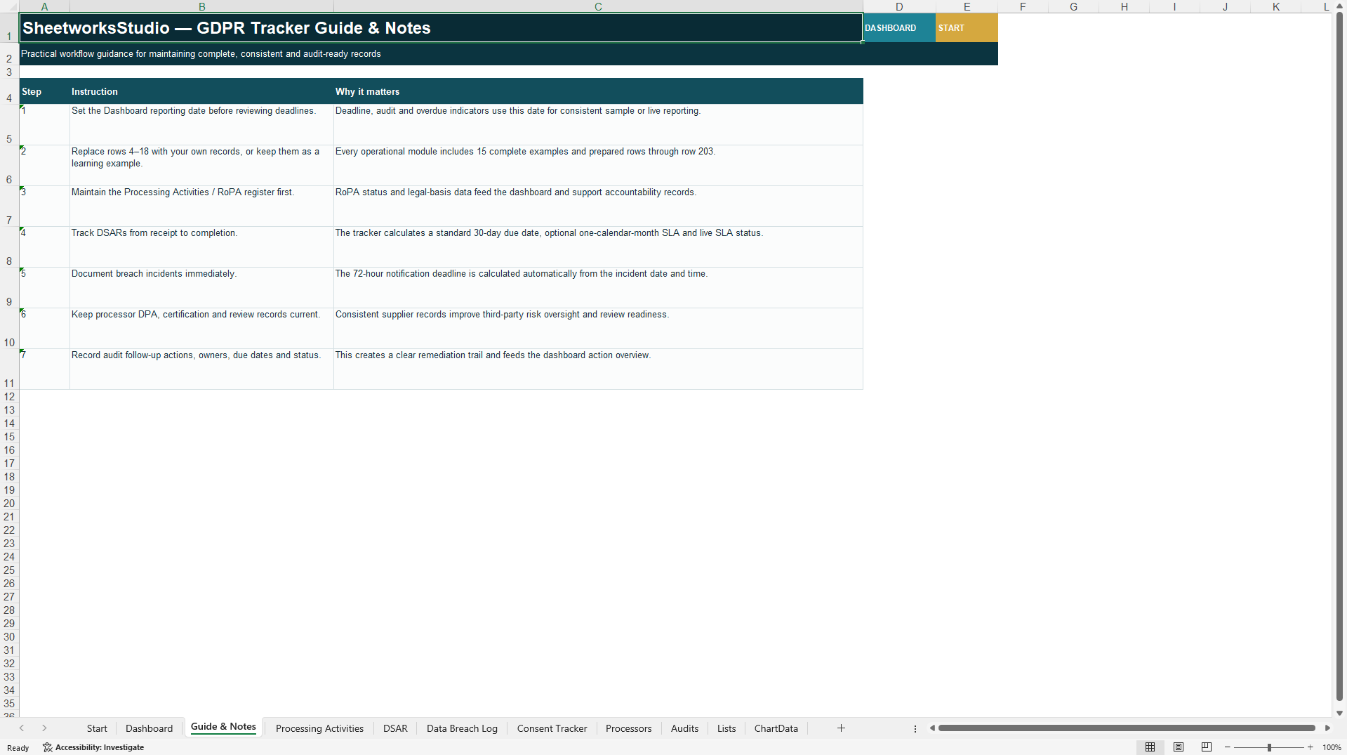 GDPR Compliance Tracker | RoPA, DSAR & Breach Management (Excel template (XLSX)) Preview Image