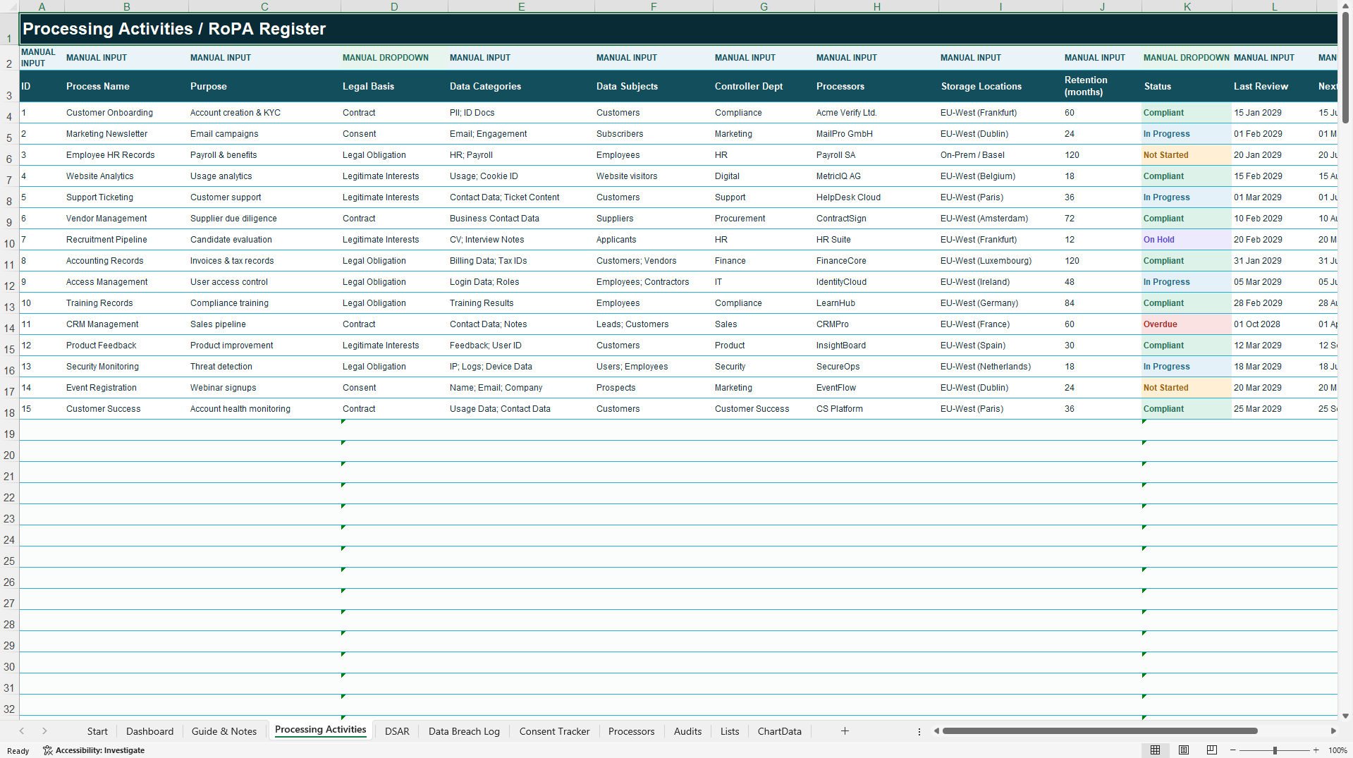 GDPR Compliance Tracker | RoPA, DSAR & Breach Management (Excel template (XLSX)) Preview Image