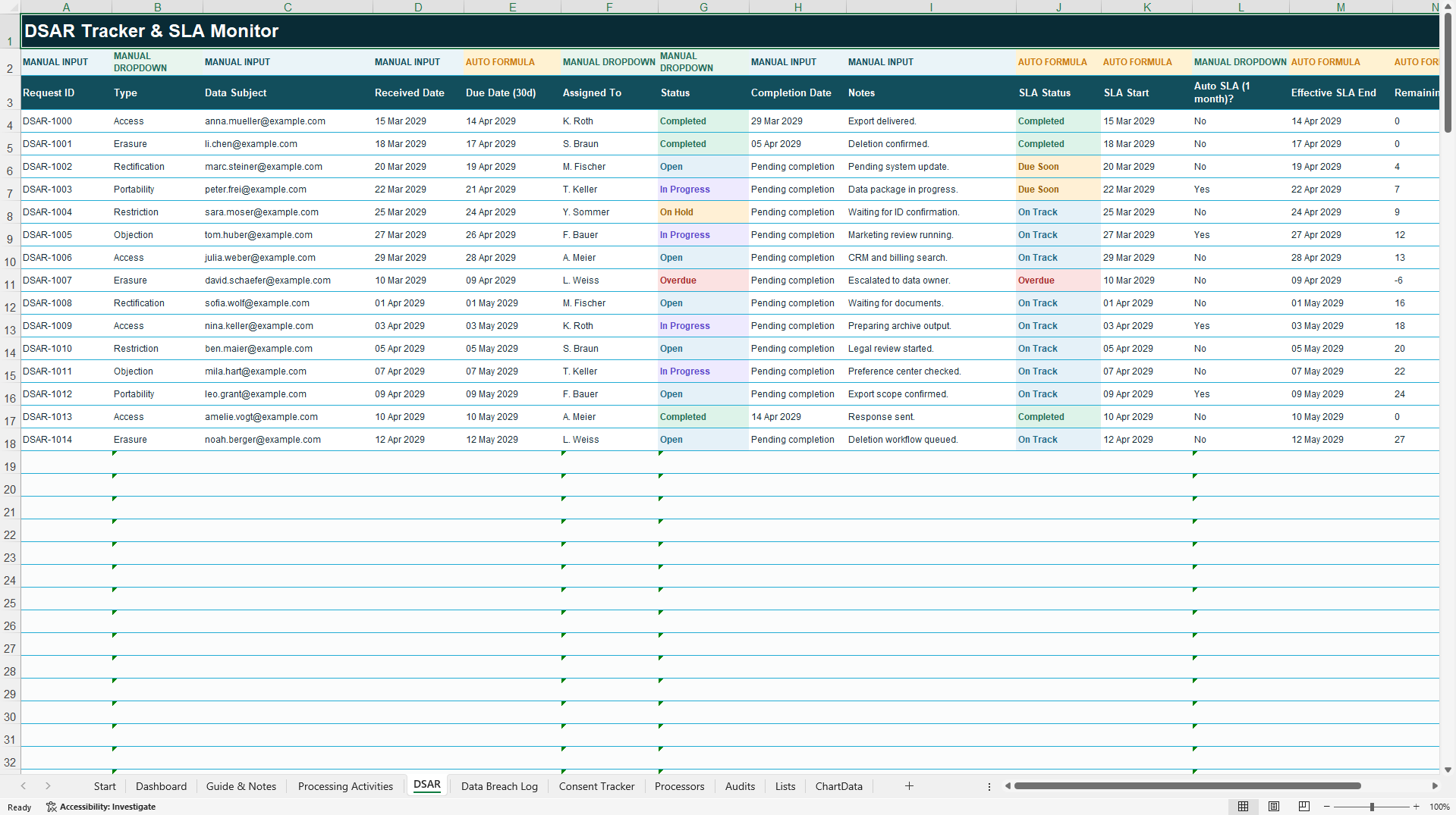 GDPR Compliance Tracker | RoPA, DSAR & Breach Management (Excel template (XLSX)) Preview Image