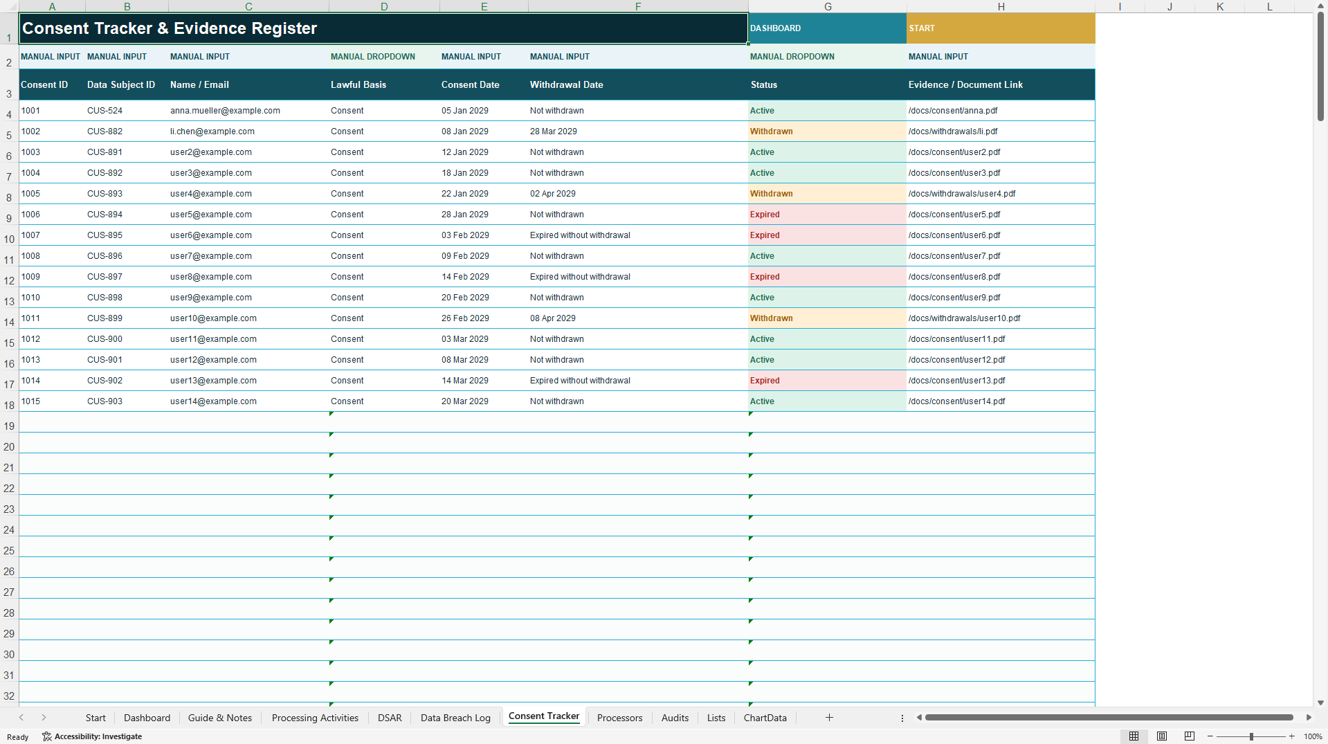 GDPR Compliance Tracker | RoPA, DSAR & Breach Management (Excel template (XLSX)) Preview Image