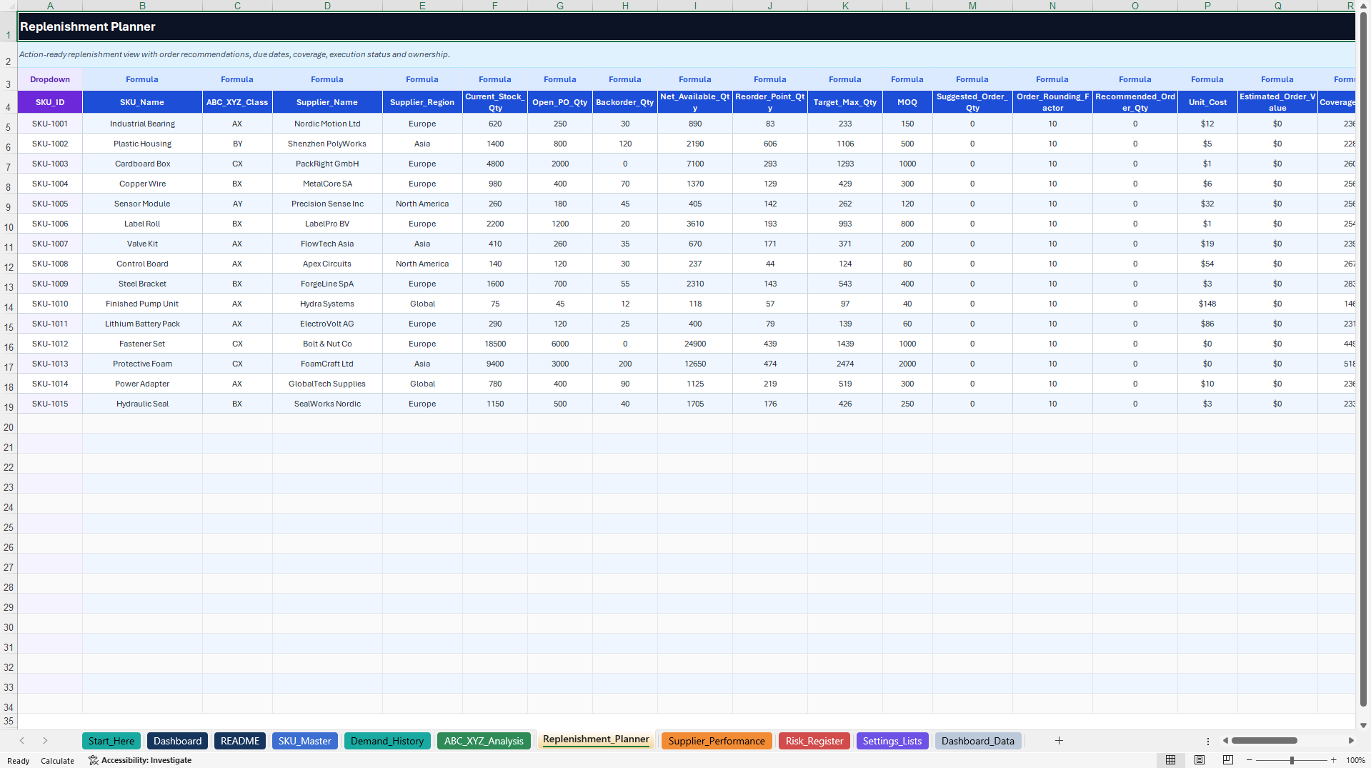 Supply Chain ABC/XYZ Inventory & Replenishment Toolkit (Excel template (XLSX)) Preview Image
