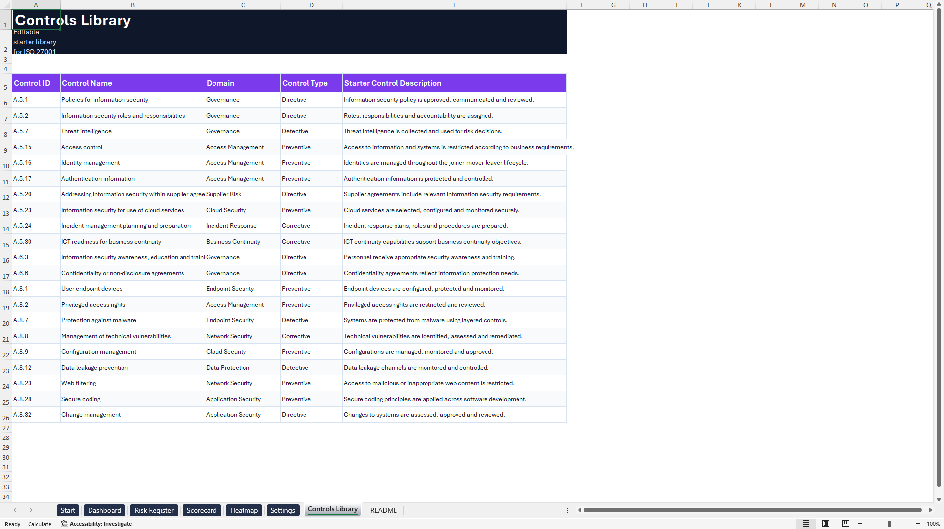 IT Security Risk & Control Log | ISO 27001 Toolkit (Excel template (XLSX)) Preview Image