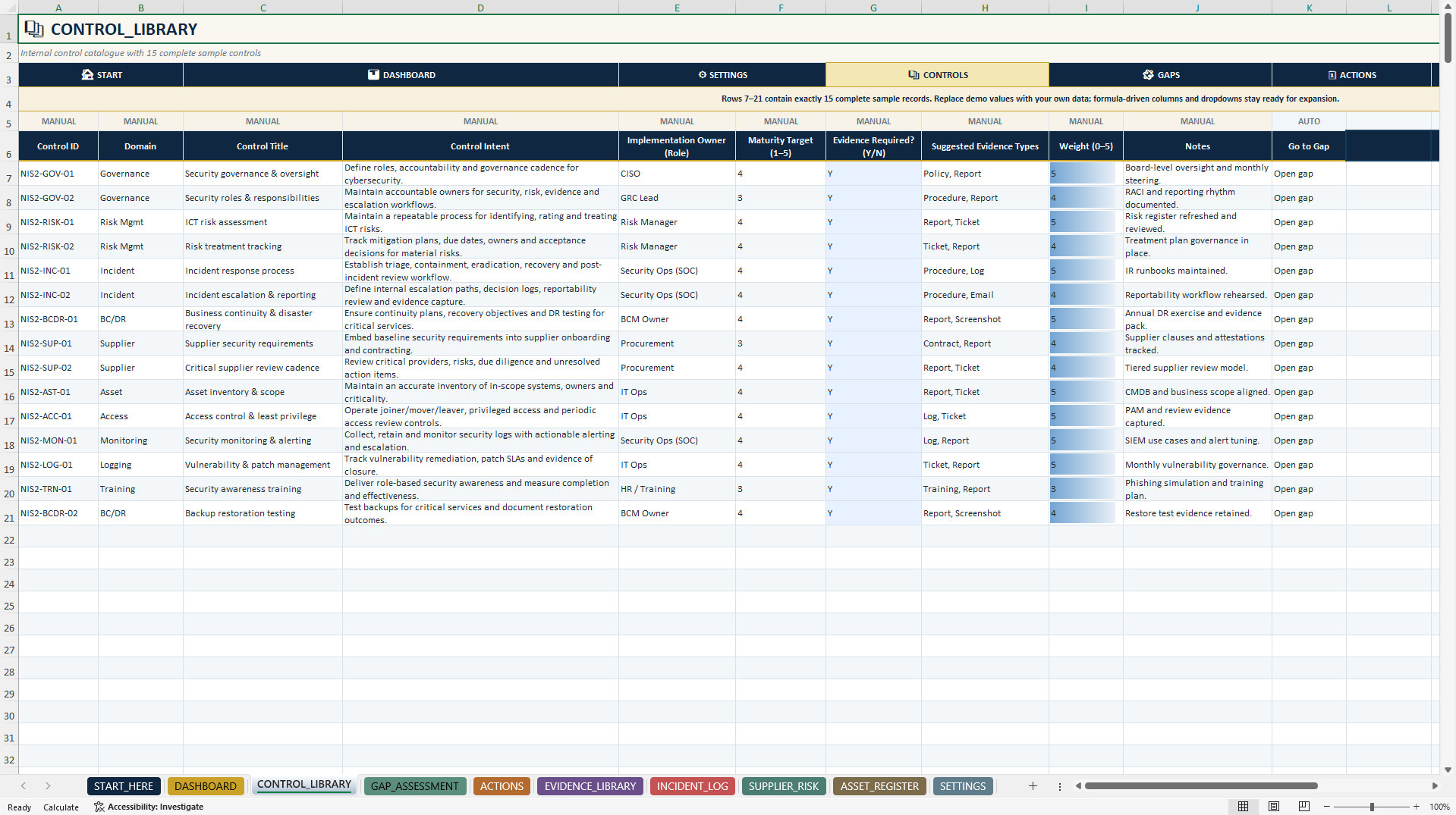 NIS2 Readiness & Evidence Tracker | Excel GRC Toolkit (Excel template (XLSX)) Preview Image