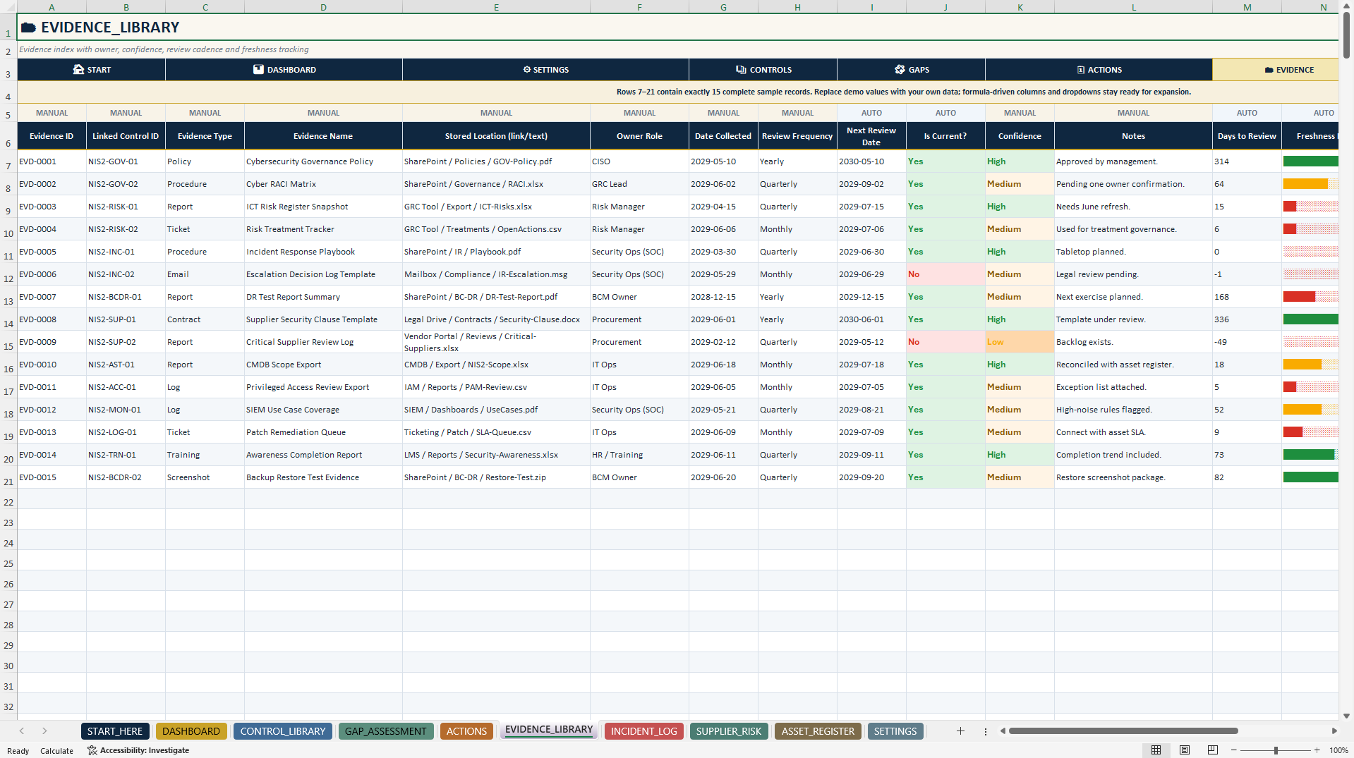 NIS2 Readiness & Evidence Tracker | Excel GRC Toolkit (Excel template (XLSX)) Preview Image