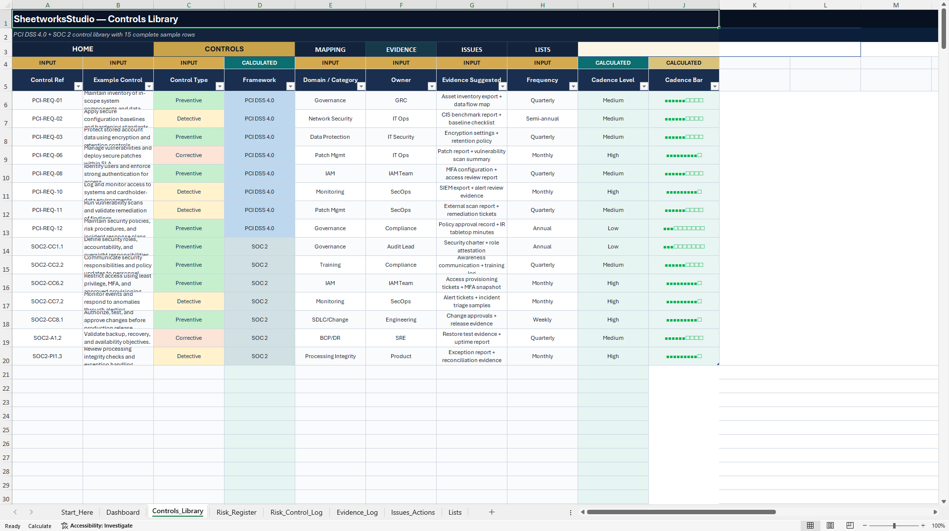 PCI DSS 4.0 & SOC 2 Compliance & Audit Tracker (Excel template (XLSX)) Preview Image